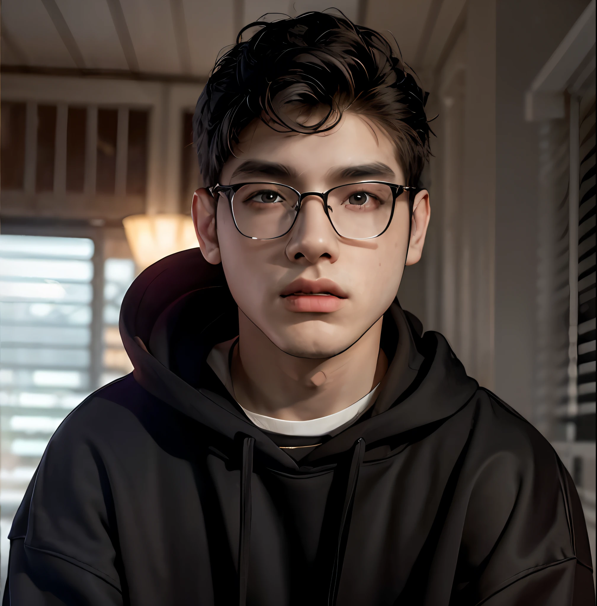 (masterpiece:1.2), (best quality:1.2), hyper realistic,highestres,absurdres,extremely detailed,volumetic,dramatic lighting,(frontal view),
20 year old boy,face,detailed eyes, black hoodie, black t-shirt