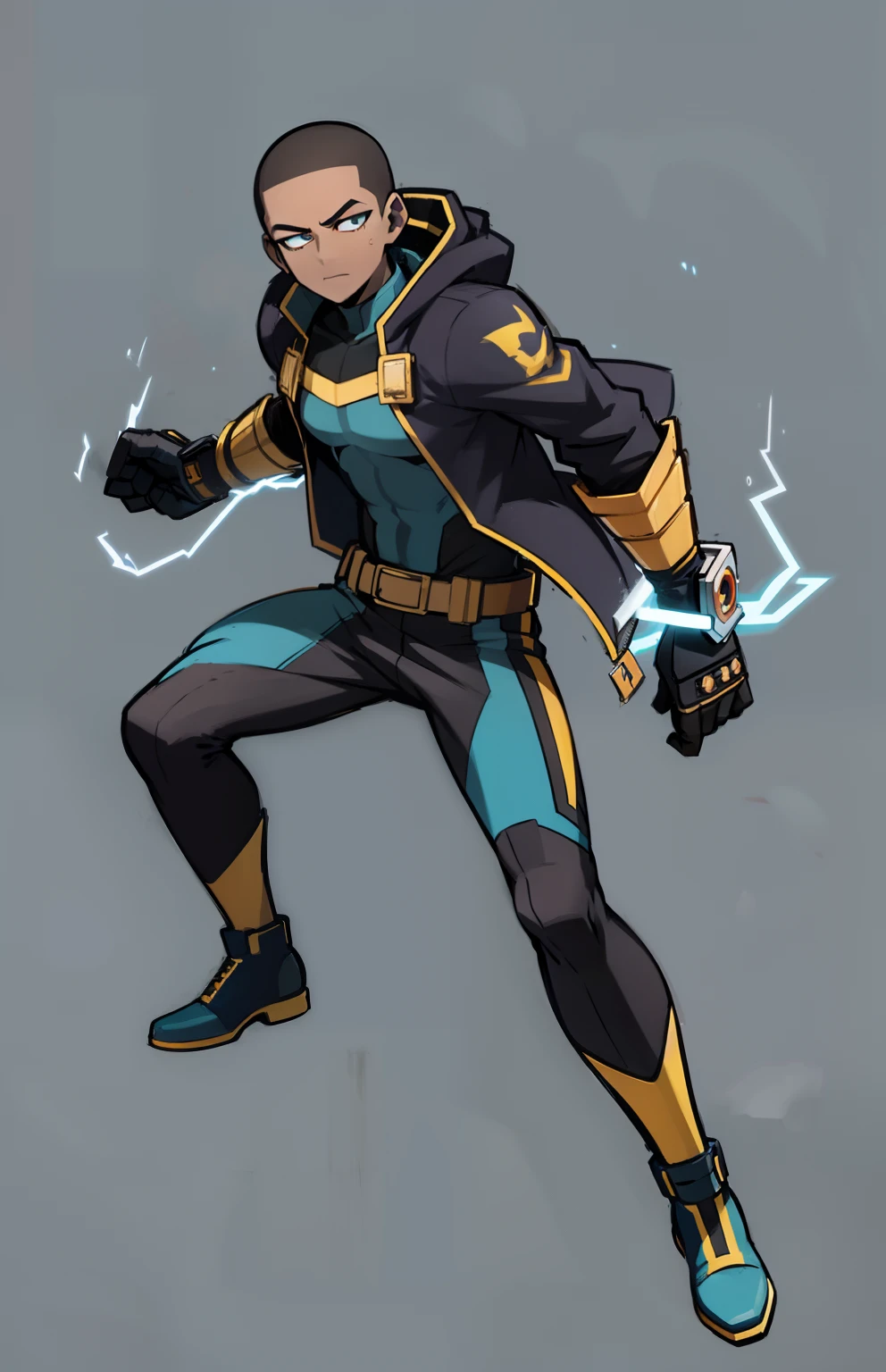 My Hero Academia style, anime boy, male, young male, trending on artstation pixiv, (full body shot:0.5), Dark-skinned Male, Brown Skin, black hair, buzzcut, blue eyes, Hero suit, full body suit, dark blue suit with gold lightning lines, dark navy hooded jacket with gold details, neon blue lightning around, neon lightning, neon blue lightning, lightning around, super detailed, Perfect anatomy,