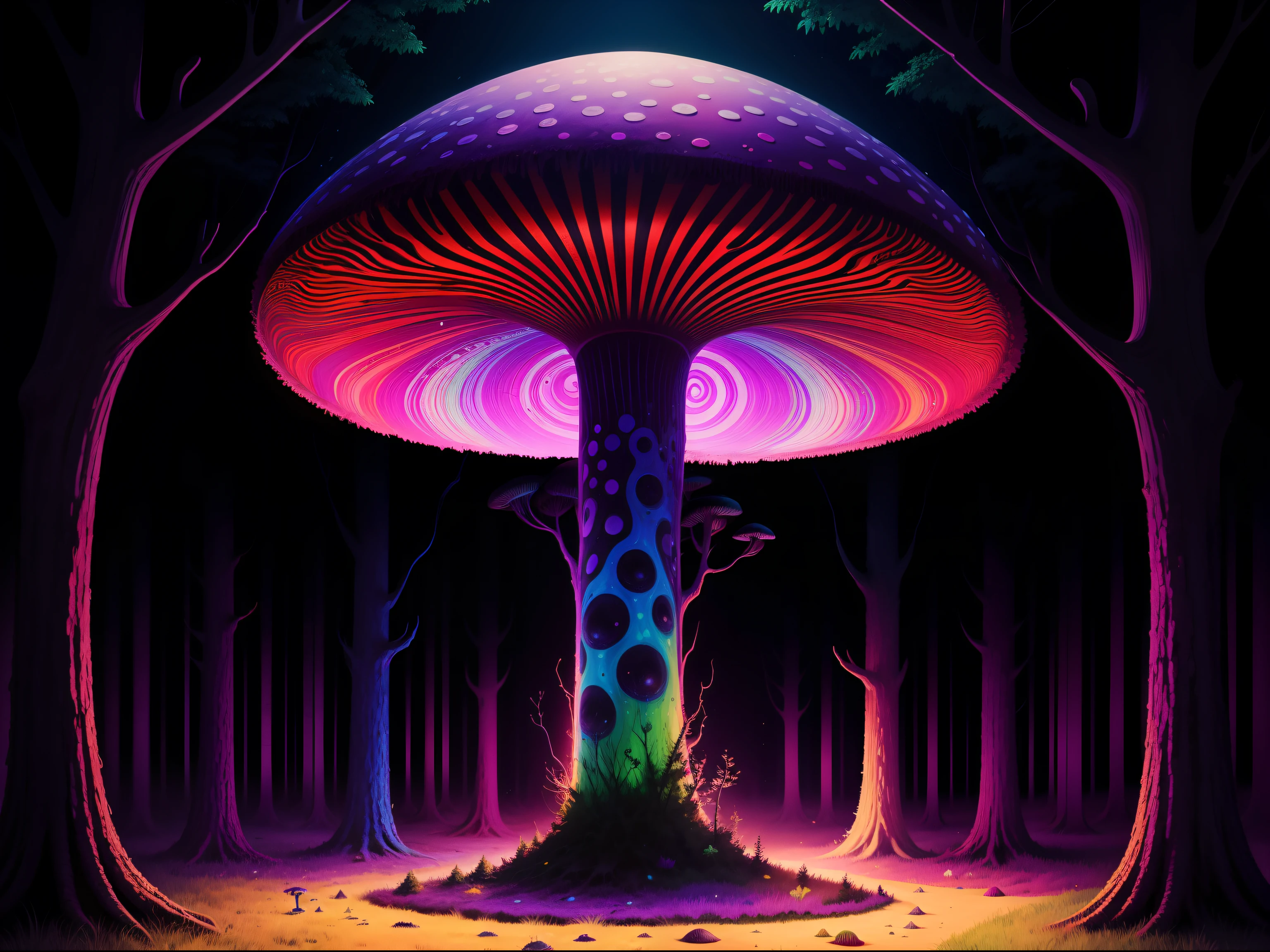 a abstract painting of a psychedelic mushroom in a dark forest