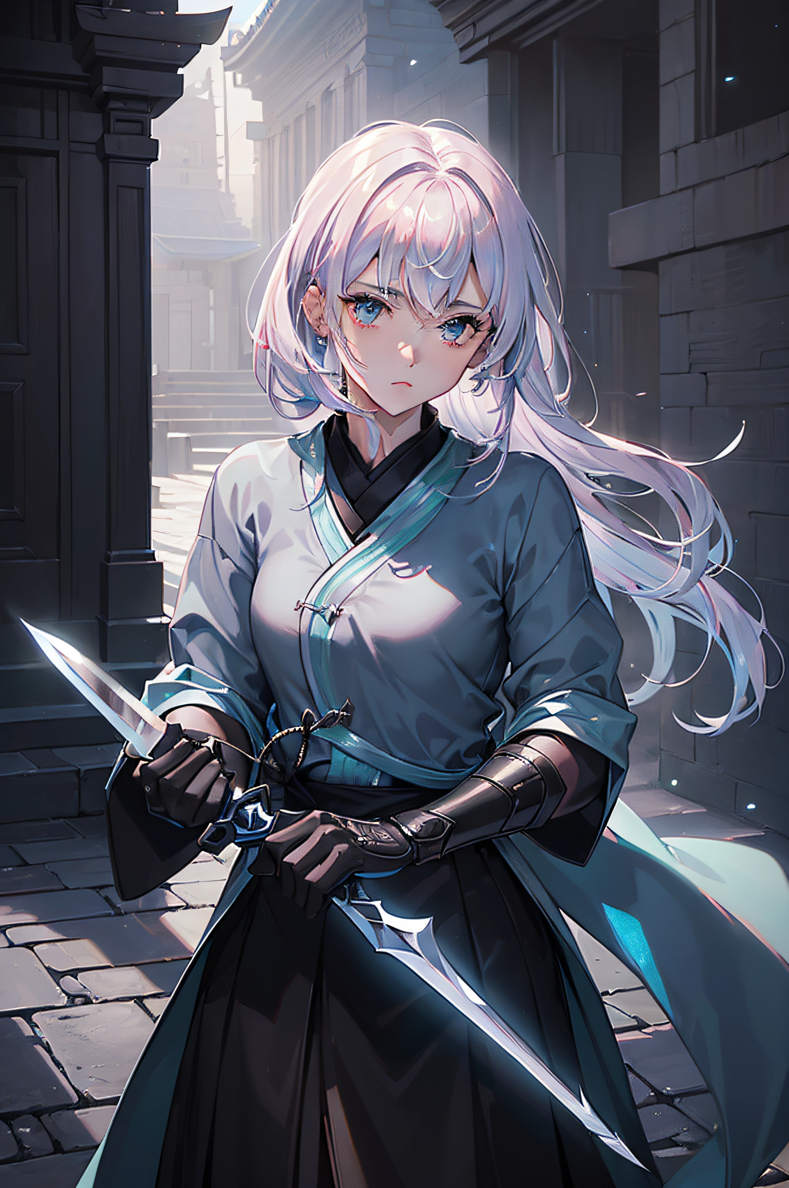 A ninja shrouded in shadows stands in an ancient temple, their presence almost ghostly. (masterpiece:1.2, best quality), (finely detailed beautiful eyes: 1.2), (detailed background, dark fantasy), (beautiful detailed face), high contrast, (best illumination, an extremely delicate and beautiful), ((cinematic light)), (ninja shrouded in shadows:1.4), (presence almost ghostly:1.3), (glimmer of polished swords:1.5), (catching ray of moonlight:1.3), (atmosphere tense:1.3), (anticipation of next move:1.4), (highly detailed), (sharp focus), (photorealistic).