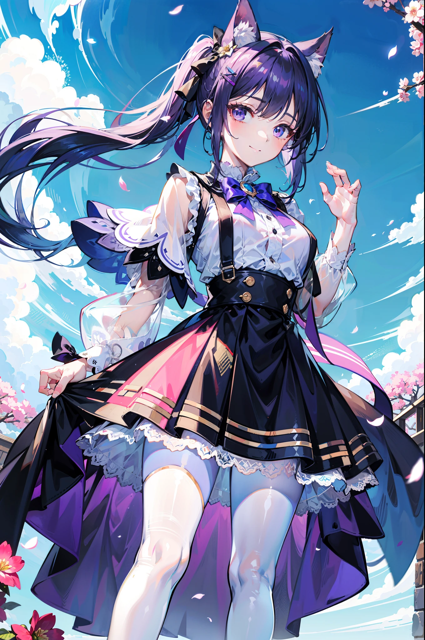 Purple-haired cat-eared beautiful girl,White transparent suspenders,puff sleeves,Pink purple JK skirt,white see-through capelet,Black flesh pantyhose,black sock,blacksilk,Wear a circle of flowers and plants on your head,Purple double ponytail,Wear white hairpins,standing on your feet,sakura flowers falling,Blue white cloud sky background,With a bright and healing smile,Flushed complexion,Reach out and lift her skirt,Stand obediently,Ruddy complexion,Comb your hair with one hand,(Full breasts),one eye wink,Wear a large bow on your head,Best quality at best,tmasterpiece,(Incredibly ultra-high resolution),k hd,Hyper-detailing