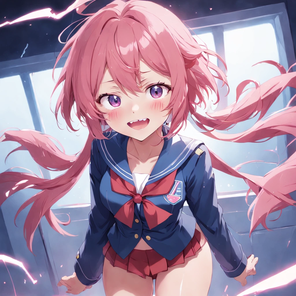 1girl, 14 years old, pink outer hair, white inner hair ,short hair, pink eyes, glowing eyes, blue sailor uniform with red tie, pink panties, small boobs, smile, showing teeth, red ribbon, beautiful and detailed face, nsfw showing boobs, classroom