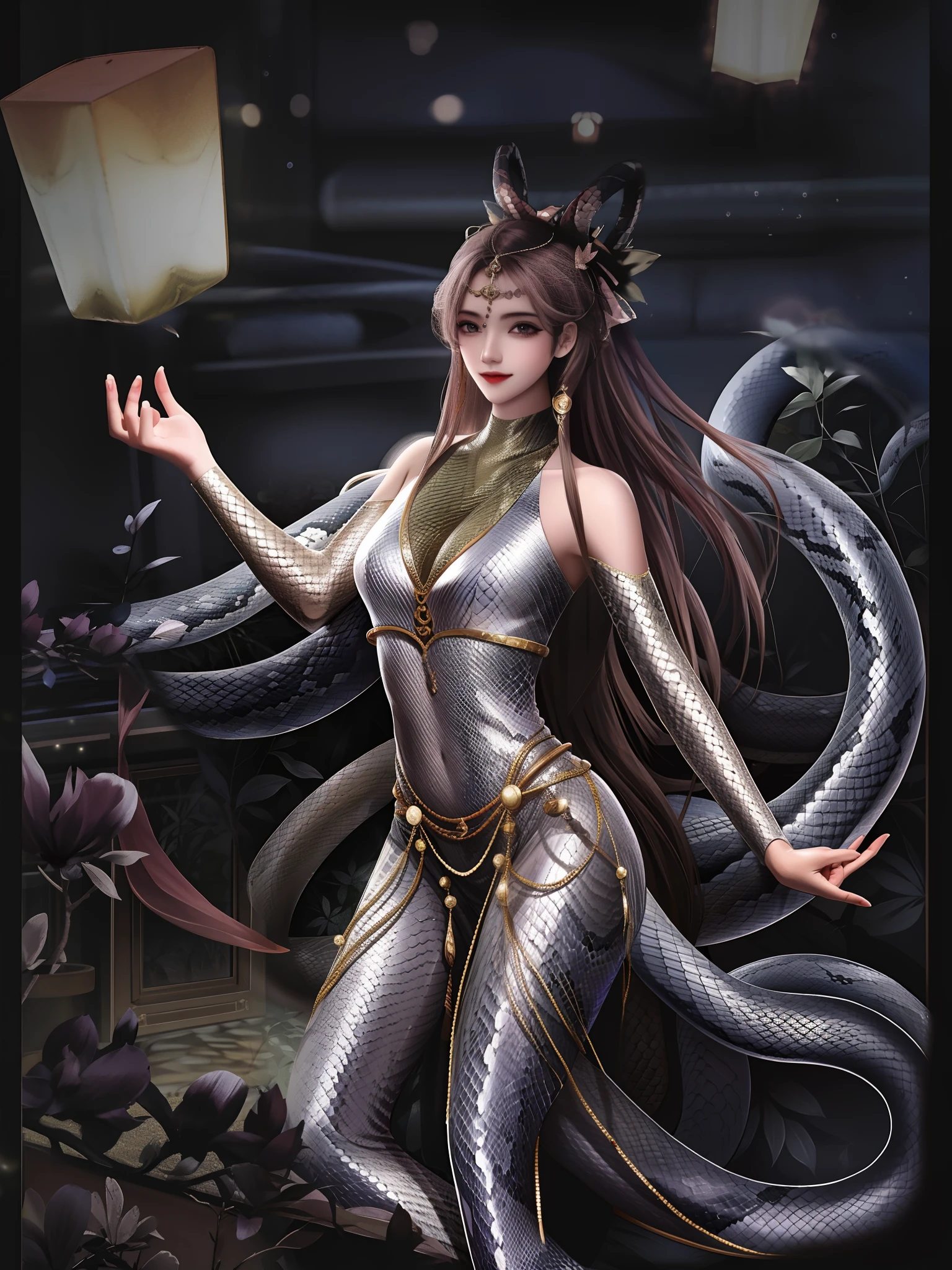 Snake woman,The lower body is the tail of a snake,The skin of the whole body is covered with snake scales