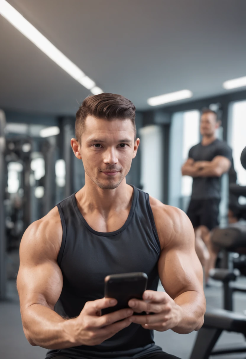 Compose a realistic scene set within a bustling gym, capturing a personal trainer's success and multitasking abilities. Depict the trainer surrounded by a group of engaged and motivated clients, while confidently holding a smartphone displaying an orange interface. Pay meticulous attention to lighting, casting soft highlights and shadows that emphasize the ambiance. Showcase the trainer's demeanor as they seamlessly manage interactions with clients and engage with technology. The image should convey a sense of professionalism, effectiveness, and modernity, reflecting the trainer's skill in guiding clients to achieve their fitness goals using both personal expertise and digital tools.