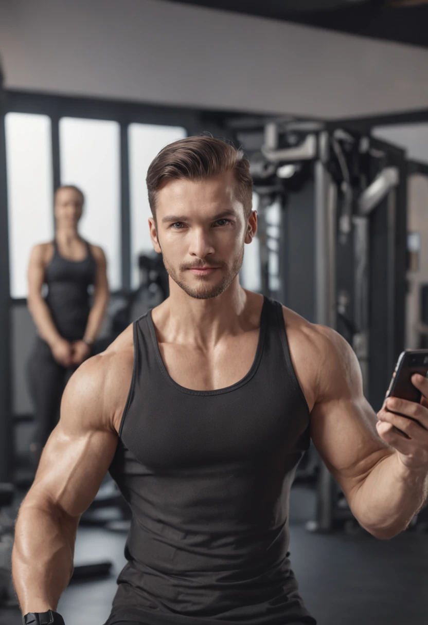 Compose a realistic scene set within a bustling gym, capturing a personal trainer's success and multitasking abilities. Depict the trainer surrounded by a group of engaged and motivated clients, while confidently holding a smartphone displaying an orange interface. Pay meticulous attention to lighting, casting soft highlights and shadows that emphasize the ambiance. Showcase the trainer's demeanor as they seamlessly manage interactions with clients and engage with technology. The image should convey a sense of professionalism, effectiveness, and modernity, reflecting the trainer's skill in guiding clients to achieve their fitness goals using both personal expertise and digital tools.