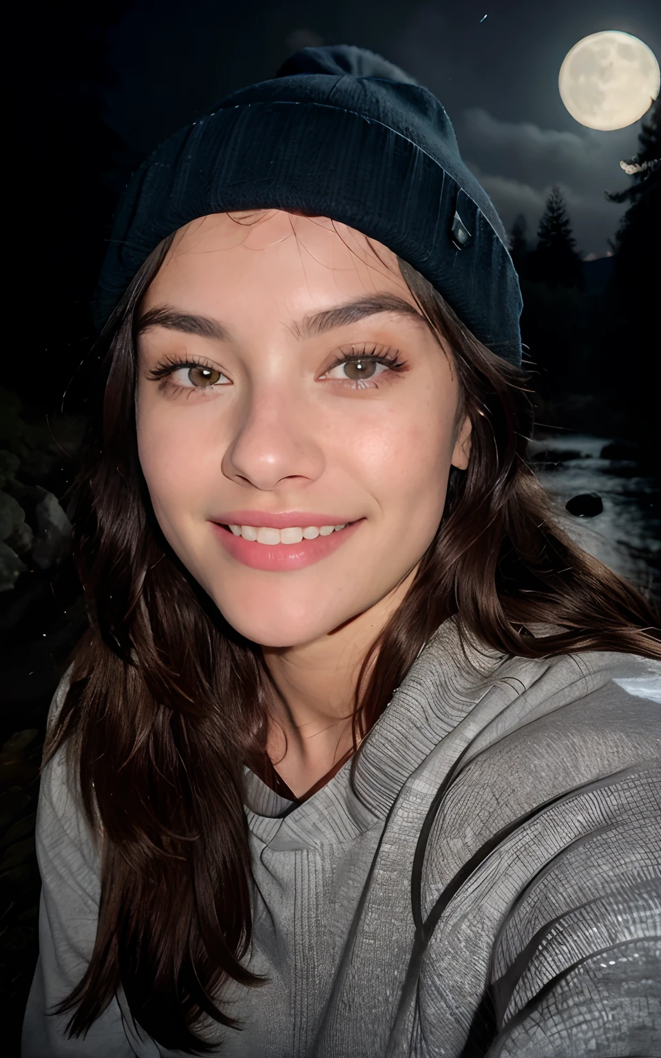 Photorealistic, Best Quality, Hyper Detailed, Beautiful woman, selfie photo, Upper body, Solo, wearing pullover, Outdoors, (Night), mountainscape, The nature of real life, Stars, Moon, (Outstanding smile、A dark-haired、sixteen years old、Cheerful, Happy), Beanie, flash lights, forest, boulders, River, Wood, Smoke, Fog, crystal clear skies, analog style, Looking at Viewer, Skin Texture, Film grain, close up, 超A high resolution, Best Shadow, raw, Instagram LUT
