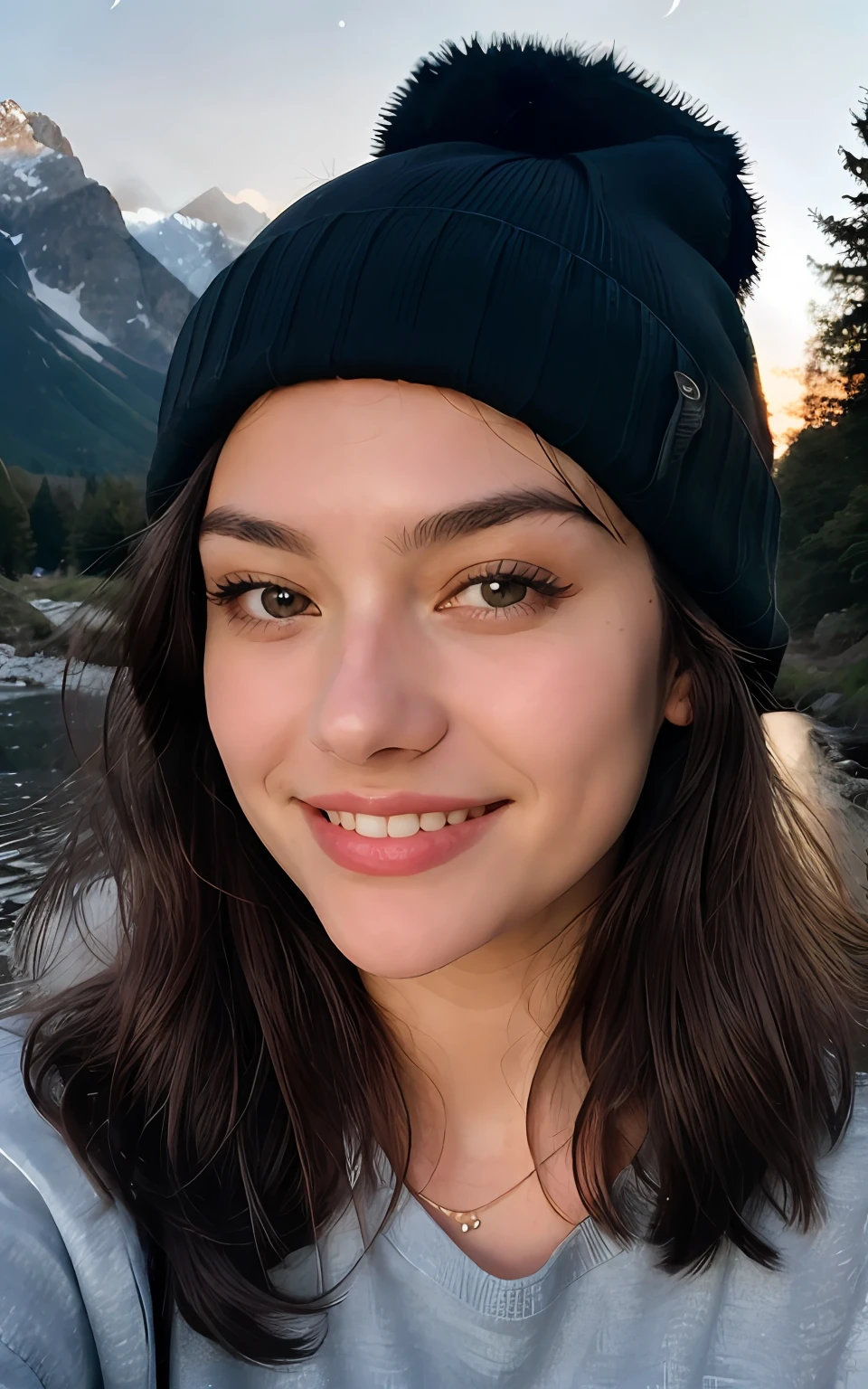 Photorealistic, Best Quality, Hyper Detailed, Beautiful woman, selfie photo, Upper body, Solo, wearing pullover, Outdoors, (Night), mountainscape, The nature of real life, Stars, Moon, (Outstanding smile、A dark-haired、、Cheerful, Happy), Beanie, flash lights, forest, boulders, River, Wood, Smoke, Fog, crystal clear skies, analog style, Looking at Viewer, Skin Texture, Film grain, close up, 超A high resolution, Best Shadow, raw, Instagram LUT