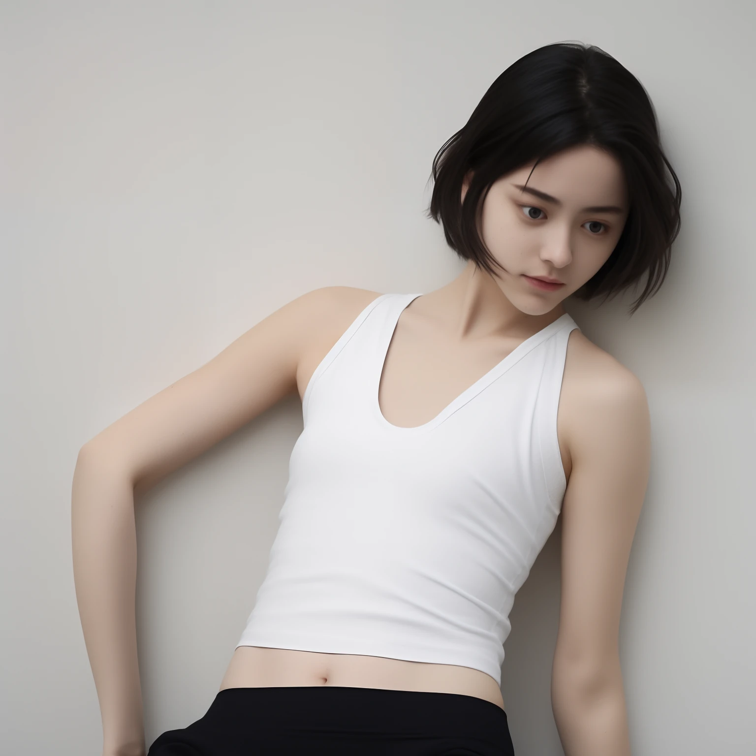 NSFW,((Dance performance by a 35-year-old Japan woman、full body Esbian)), (((dynamic movements、Jump forward with open arms、raise one leg wide、ballerina))), Theater stage performances、sombre background、Simple background、Spotlight the center of the stage、((top-quality、8K、masterpiece:1.3))、Crisp focus:1.2、 (Beautiful woman with perfect body shape with slim figure:1.4)、Beautiful limb muscles、((Berry short cut hair、Hair bouncing with movement、Small and medium-sized,muscular chest:1.5))、(Highly detailed facial and skin texture、Pores are visible)、(Perfectly beautiful big eyes、Japanese face、二重まぶた、Muscular face)、(Navy loose oversized men's suit、Wide long pants、Wide opening front over topless:1.5)、(Long sleeve oversize long jacket、Loose clothing)、Black socks、Bright only in the center、Dark movie lighting、watching at viewers、Refreshing smile