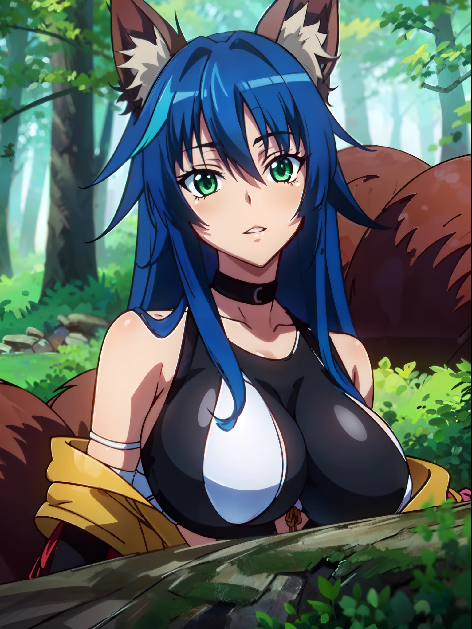trending on artstation, trending on midjourney, award winning, timeless art work, masterpiece, genius, worldclass, extra ordinary, aesthetic, beautiful, stunning, brilliant, cinematic, dynamic, cinematic lighting, inspirational, 4k resolution, 8k resolution, artstation hd, artstation hq, 1 girl, milf, huge breasts, blue hair, red hair, multicolored hair, long hair, parted lips, green eyes, fox girl, fox tail, fox ears, multiple tails, full-body stocking fabric, white bikini, forest, trees, upper body, anime.