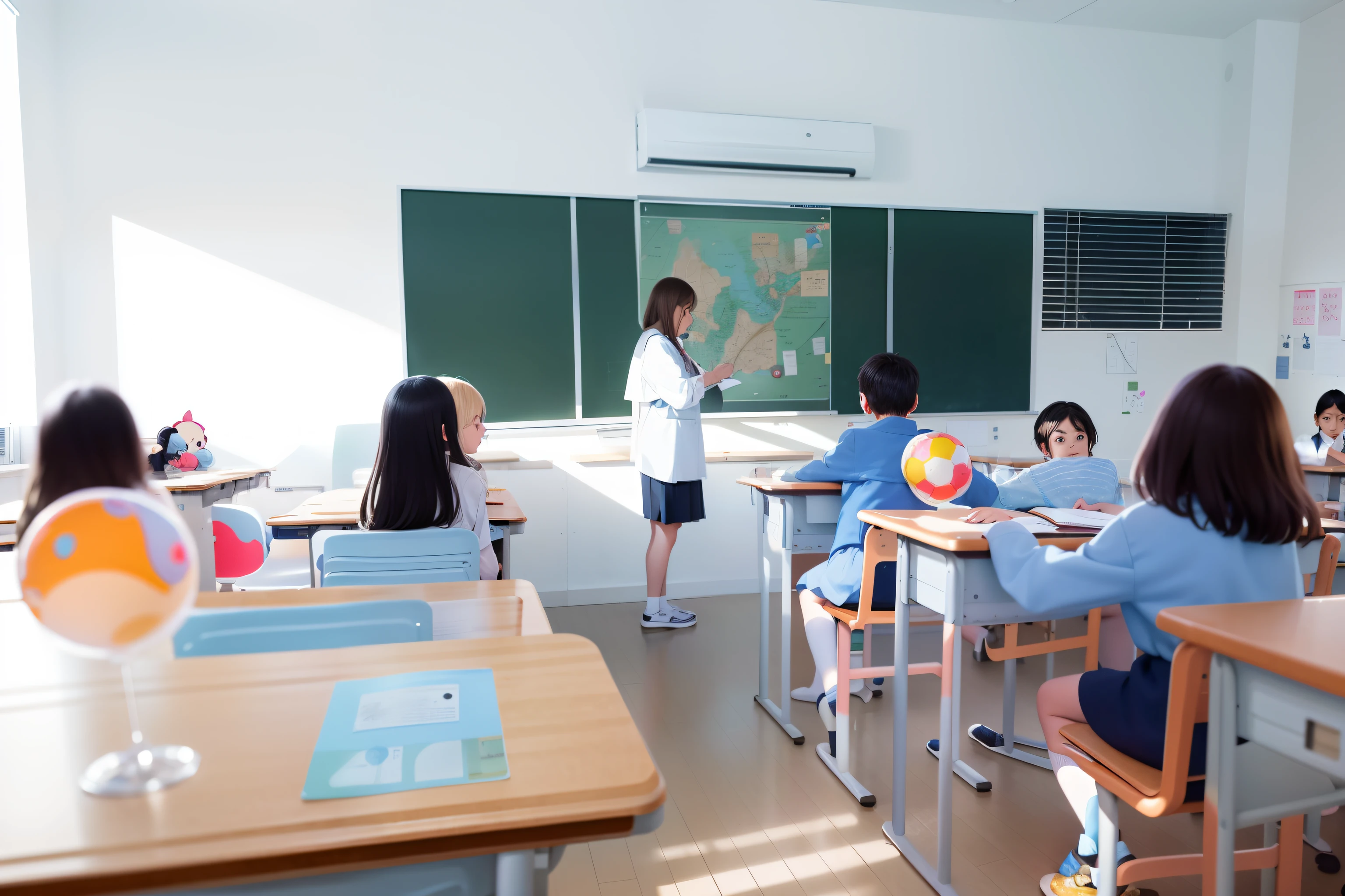 there are many children sitting at desks in a classroom, In a classroom, Photos of the classroom, In the school classroom, School Classroom, Classe escolar, standing in class, Sitting in the classroom, full subject shown in photo, typical anime classroom, Teacher, classroom in background, stockphoto, Classroom, Classroom Background, author:Anna Katharina Bullock, Student