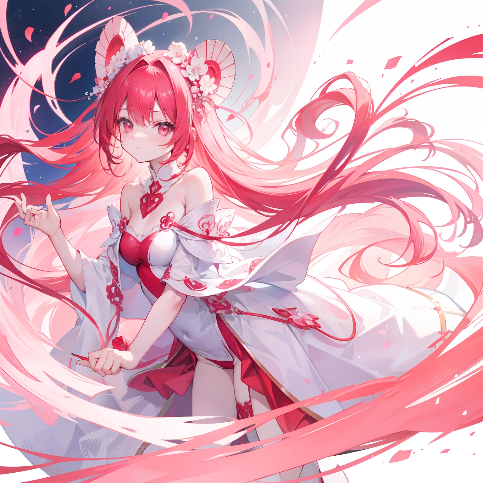 outrageous, best qualityer, 1 girl, standing alone, Red hair, purples eyes, long hair, big fit ass, oh Rabbit, bunny ears, red corset, gakuran, aprons, red ribbons around the neck, red skirt, headband, manga curta, wrist cuffs, white thigh highs, the jingle bells