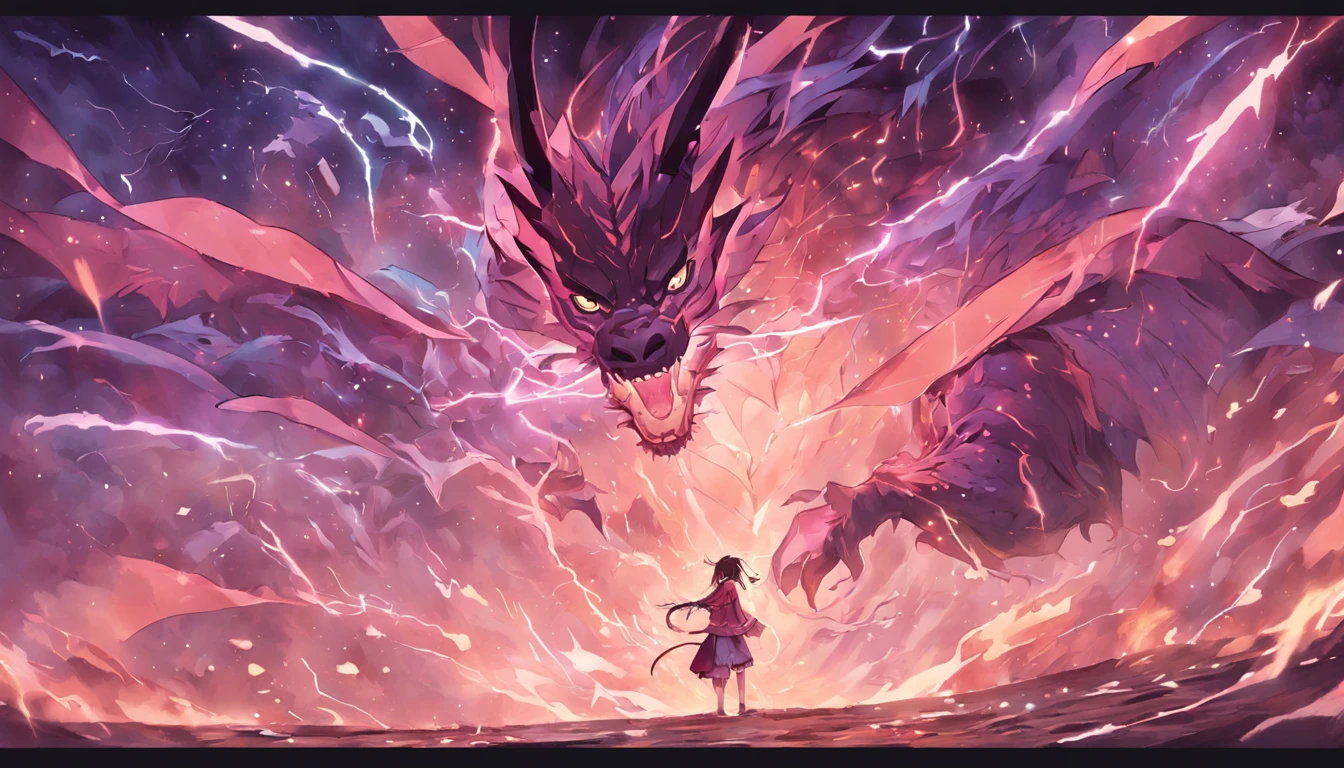 （shoun），Hand-held bamboo cane，（Purple dragon），（Lightning dances in the air），（lightning effects：1.5）,Elongated dragon body，elevation，Faraway view，super detailing，best qualtiy，tmasterpiece，8K，Extremely detailed，Epic artwork