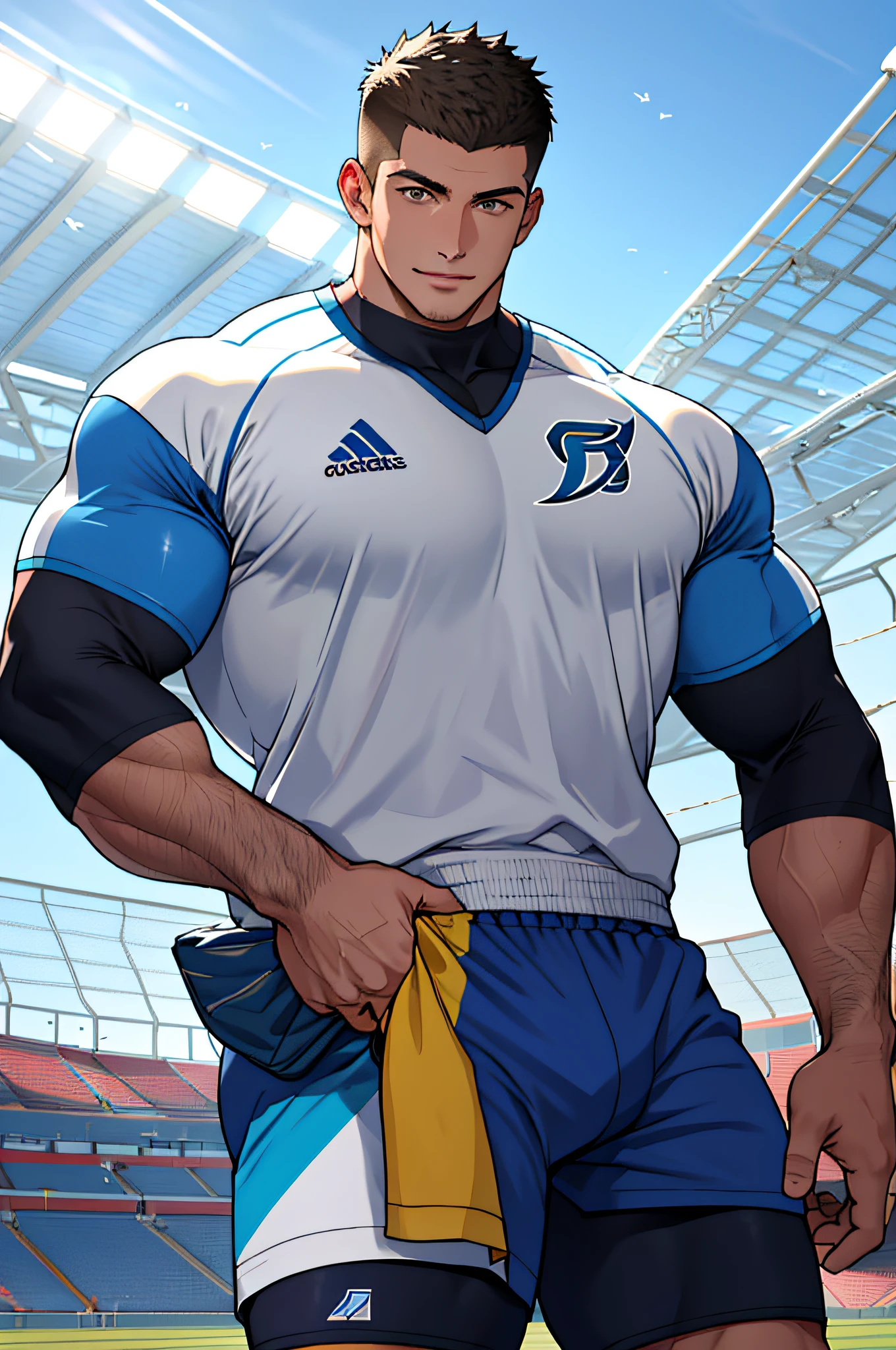 Draw a full-fledged athlete,Stand on the central field of the gym,He wears high-end sportswear,The man looks confident and determined,rays of sunshine,cheerful big breasts,Handsome,Crew cut,full bodyesbian,shooting from below,