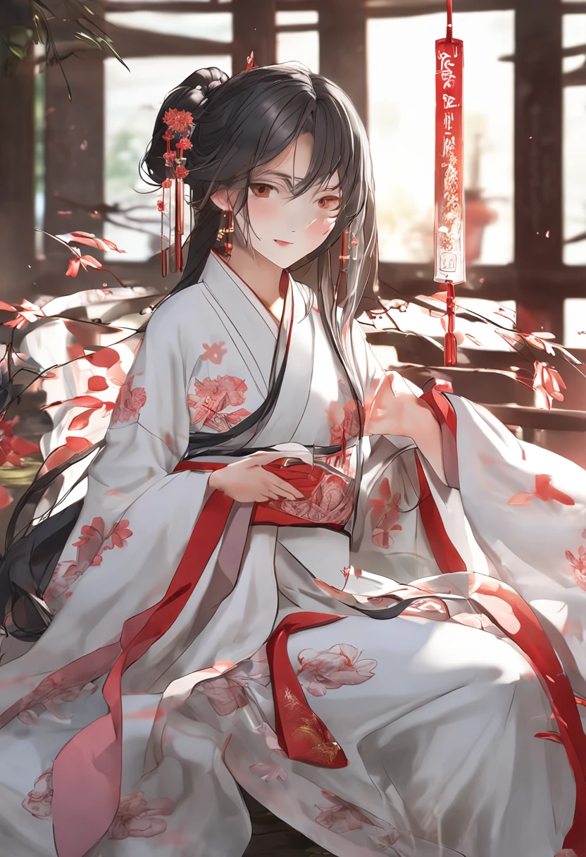top-quality、masterpiece、Hi-Res、女の子1人、red blush、(seducting smile: 0.8)、Chinese Hanfu、hair adornments、full bodyesbian、dynamic ungle, Anime Screen, up looking_Down, Thick_thighs thighs thighs thighs, Lying, extra detailed body, girl, 年轻,20 years old, Long hair, flipped hair, wept bangs, Floating hair, Brown hair, long hair flowing with the wind, Authentic and detailed face, blush, beautiful and delicate eyes, Slightly open mouth, Delicate arm and hands, Delicate hands, Brown eyes, Authentic skin texture, wrist_Cuffs, Chinese_Clothes, See-through, Transparent_Background, Ancient skyscrapers in China, Breeze, bloom, 美丽的面容、fullllbody、Tyndall effect、Photorealsitic、Dark Studio、Rim Lighting、2-tone lighting、(High Detail Skins:1.2)、8k uhd、Digital SLR、Soft Lighting、hightquality、Volume Lighting、Frankness、a picture、hight resolution、4k、8k、Bokeh