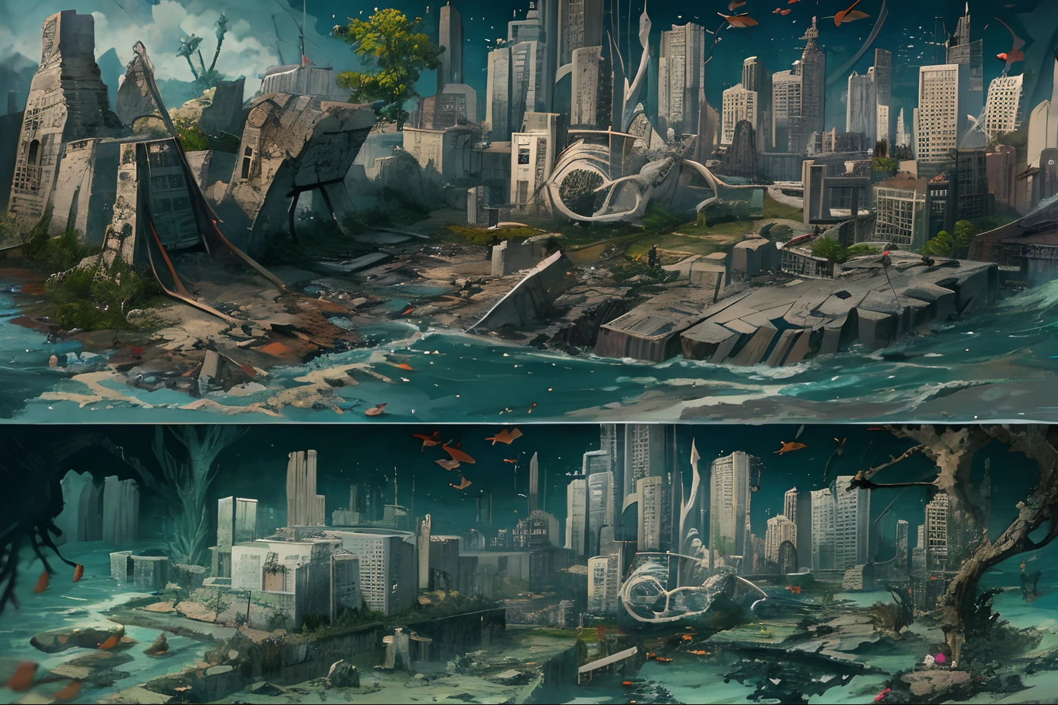 (Best quality), (Masterpiece), (Photorealistic), (Realistic), Very detailed, Unity 8k wallpaper, Very detailed CG, Ray traching, Sharp shadows, Great detail, Depth of field, Super detailed background, Crumbling civilization, Green devours and decays the city, Flooded and collapsed cities, , Plant life, , Underwater cityscape, Aquatic organisms, Ruined city, Wide shot, nuclear radiation,Deformed fish,fishbone,Polluted seabed