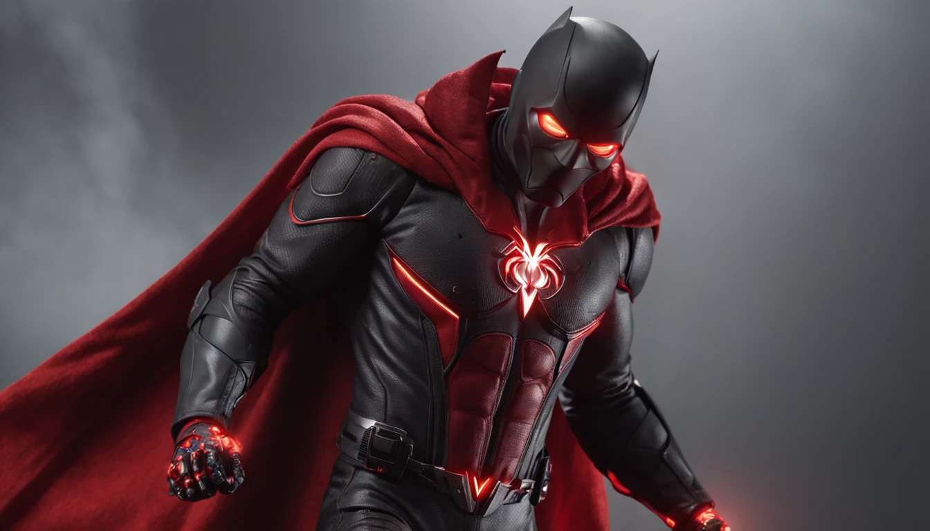 An intricate carbon and gold Superhero in a cyber suit, levitating in the air, extravagant carbon black silk Cape, no helmet, has long hair and a beard lazers red eyes, his super powers are strength and flight and can shoot lightning out of his hands, surounded by red lightning, extremely detailed suit, micro-details, photorealism, one light, dark photo, deep shadows, shallow depth of field, photorealistic, Surrealism, high quality, masterpiece, 8k, 8k, super detail, full body portrait, extremely muscular, no mask, (T Logo on chest)
