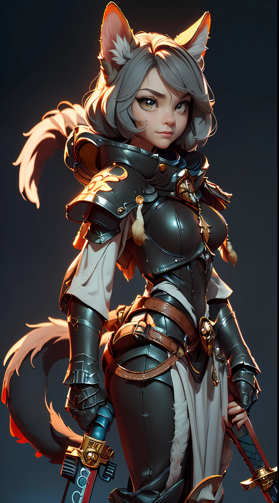 Wide-angle panorama，(Beautiful woman face:1.5), (Cute image standing all over the body:1.5), (Cat-like furry body and cat's paws:1.5), (Holding a heavy sword in his hand:1.2), (A plump chest), ( anime styled 3d:1.5), Metal armor skirt, Metal armor underwear, (Hairy limbs:1.45), (Very long, Fluffy fox tail:1.45), (Extremely detailed CG Unity 16k wallpaper:1.3), Dynamic Angle, the golden ratio, (tmasterpiece:1.37), (Detailed:1.15), Cinematic light, Side lighting, hdr, Perfect iris, (applause), Lifelike texture, （realisticlying：1.37）, (ssmile:1.1), Ray tracing, hyper HD, (Best quality:1.13)