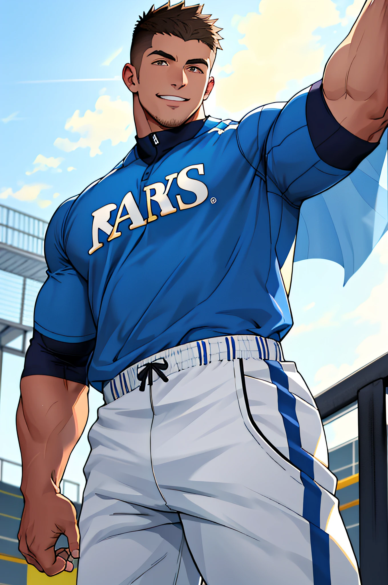 Draw a full-fledged athlete,Stand on the central field of the gym,He wears high-end sportswear,The man looks confident and determined,rays of sunshine,cheerful big breasts,Handsome,Crew cut,full bodyesbian,shooting from below,