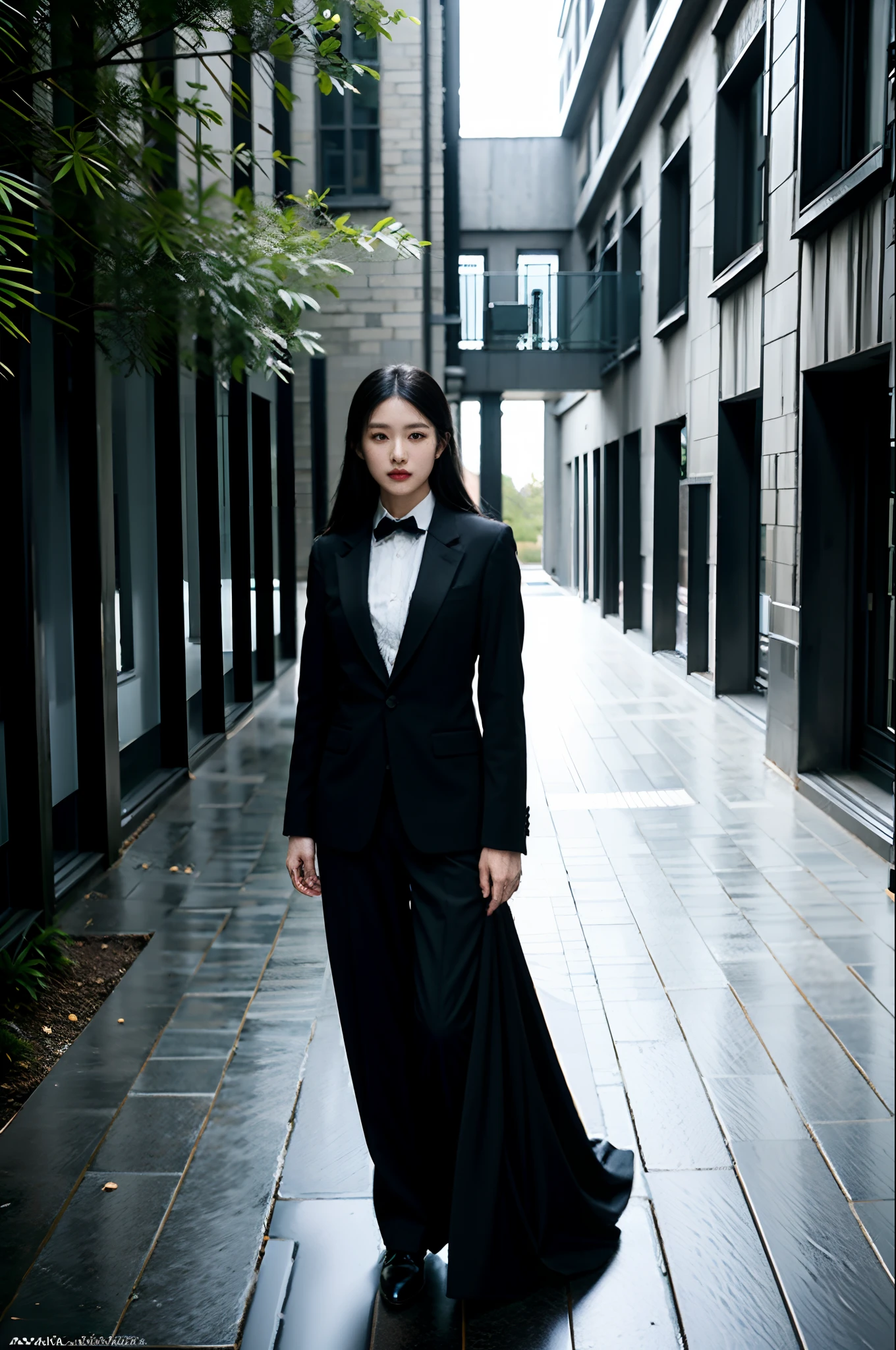 there is a man in a suit standing in a courtyard, wearing a black noble suit, wearing black suit, wearing business suit, wearing causal black suits, wearing black business suit, wearing fashion suit, full body portrait shot, wearing a black suit, wearing suit, full body photogenic shot, in style of lam manh, full body photgraph, portrait full body