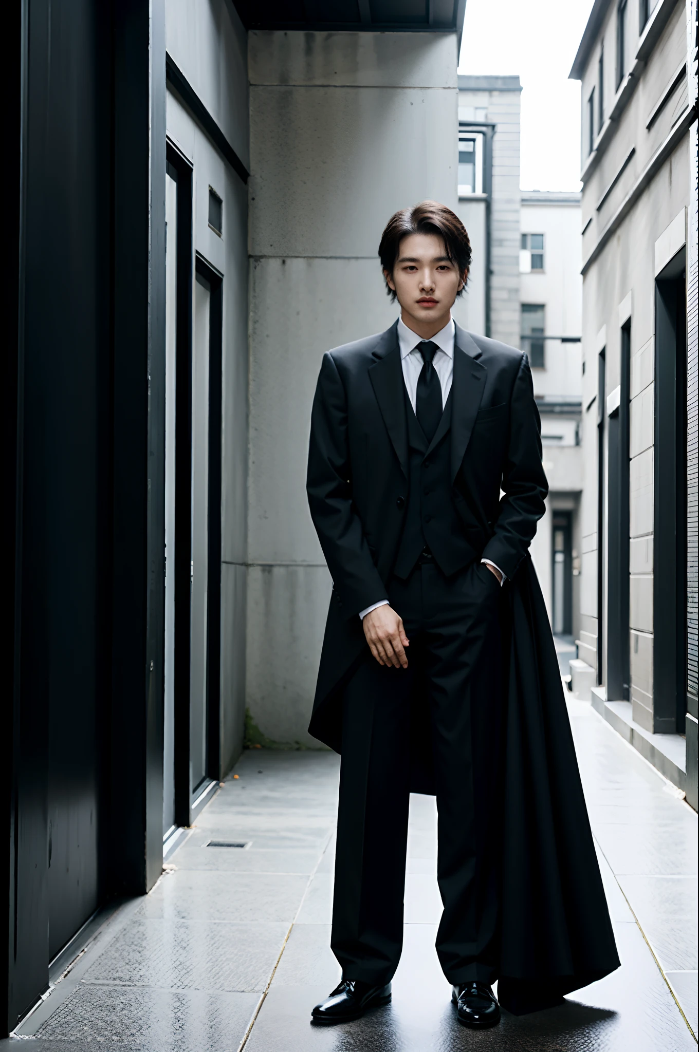 there is a man in a suit standing in a courtyard, wearing a black noble suit, wearing black suit, wearing business suit, wearing causal black suits, wearing black business suit, wearing fashion suit, full body portrait shot, wearing a black suit, wearing suit, full body photogenic shot, in style of lam manh, full body photgraph, portrait full body