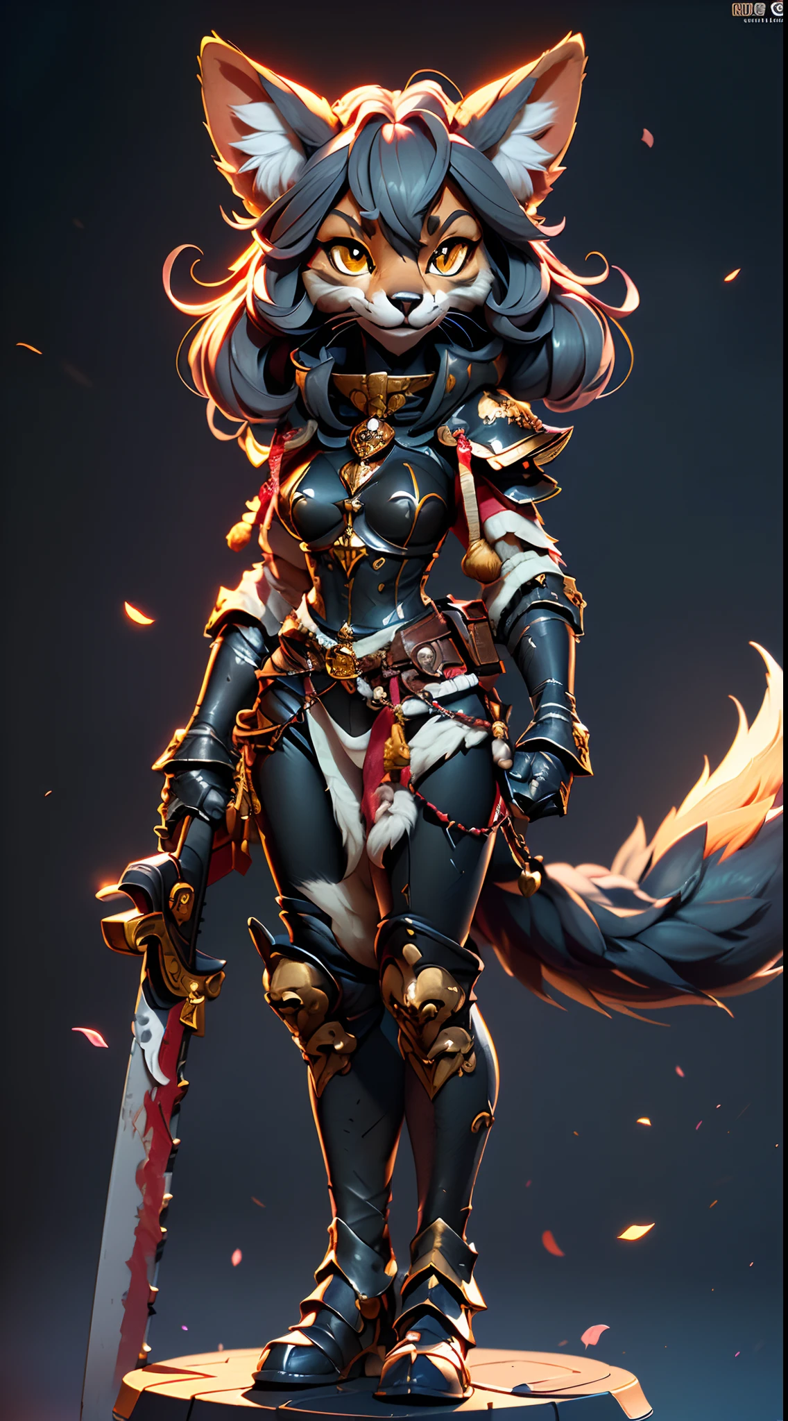 Wide-angle panorama，(Beautiful woman face:1.5), (Cute image standing all over the body:1.5), (Cat-like furry body and cat's paws:1.5), (Holding a heavy sword in his hand:1.2), (A plump chest), ( anime styled 3d:1.5), Metal armor skirt, Metal armor underwear, (Hairy limbs:1.45), (Very long, Fluffy fox tail:1.45), (Extremely detailed CG Unity 16k wallpaper:1.3), Dynamic Angle, the golden ratio, (tmasterpiece:1.37), (Detailed:1.15), Cinematic light, Side lighting, hdr, Perfect iris, (applause), Lifelike texture, （realisticlying：1.37）, (ssmile:1.1), Ray tracing, hyper HD, (Best quality:1.13)