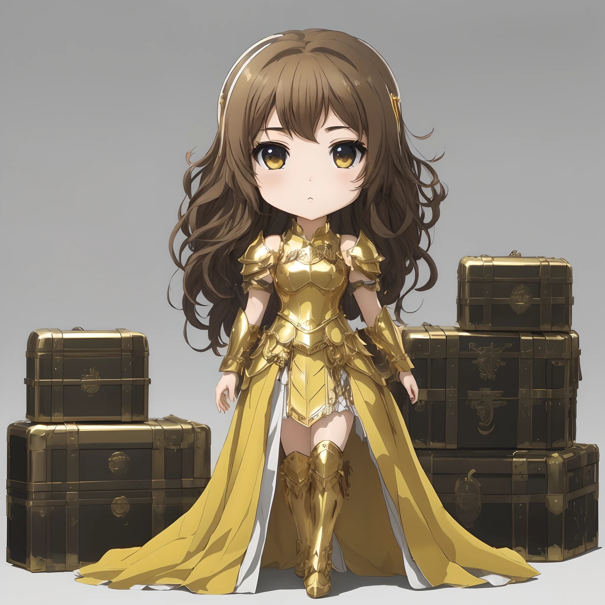 Anime girl in golden dress standing next to a pile in trunk, armor girl, angelic golden armor, wearing gold armor, Gold Armor, portrait knights of zodiac girl, anime goddess, golden armour, Wearing golden armor, Light gold armor, knights of zodiac girl, gold armour, golden armour, Sleek gold armor, Cute anime waifu in a nice dress, gilded outfit