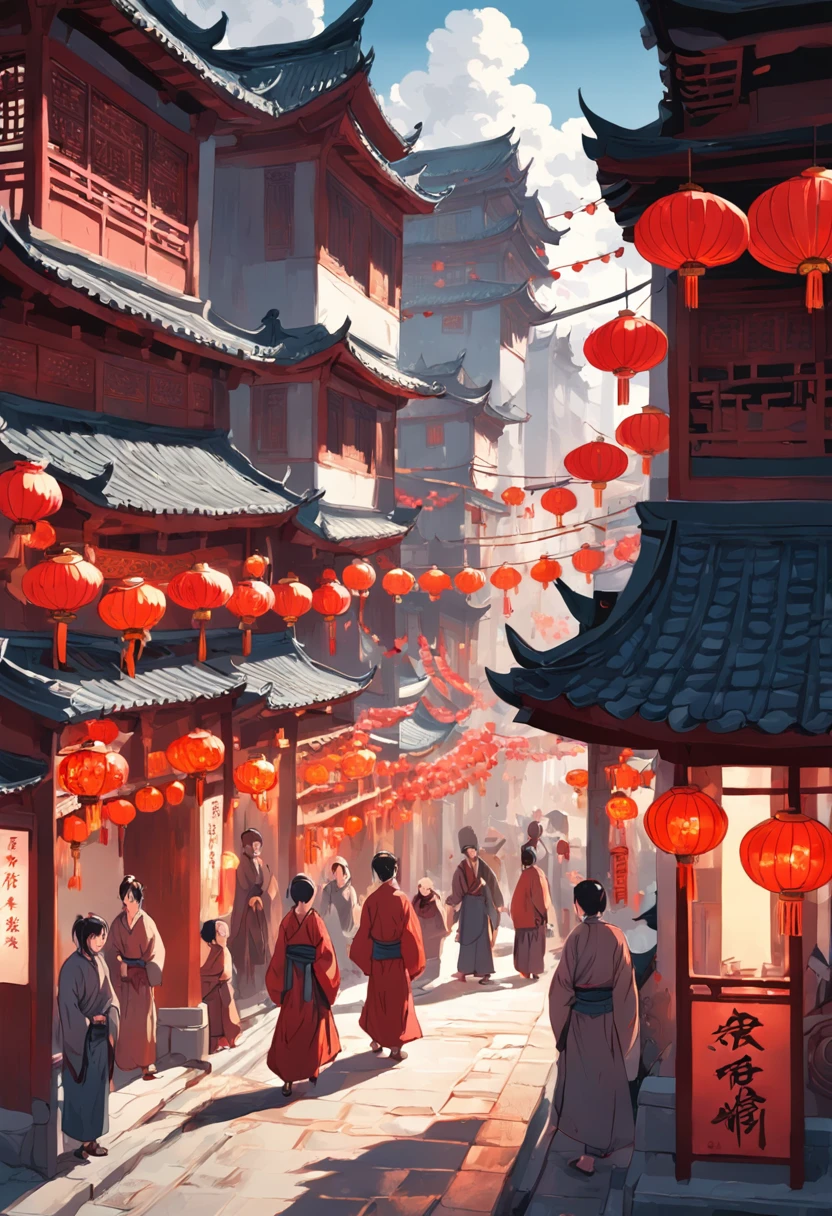 Street picture in CG game,Full of Chinese elements，The Lunar New Year is just around the corner，The festive atmosphere is strong，The streets are crowded，The style of medieval illustrations, Symbolic figurative landscapes, Light red and silver, Vintage poster design, Organic Art Nouveau, Saturated pigment pool, woodcut print