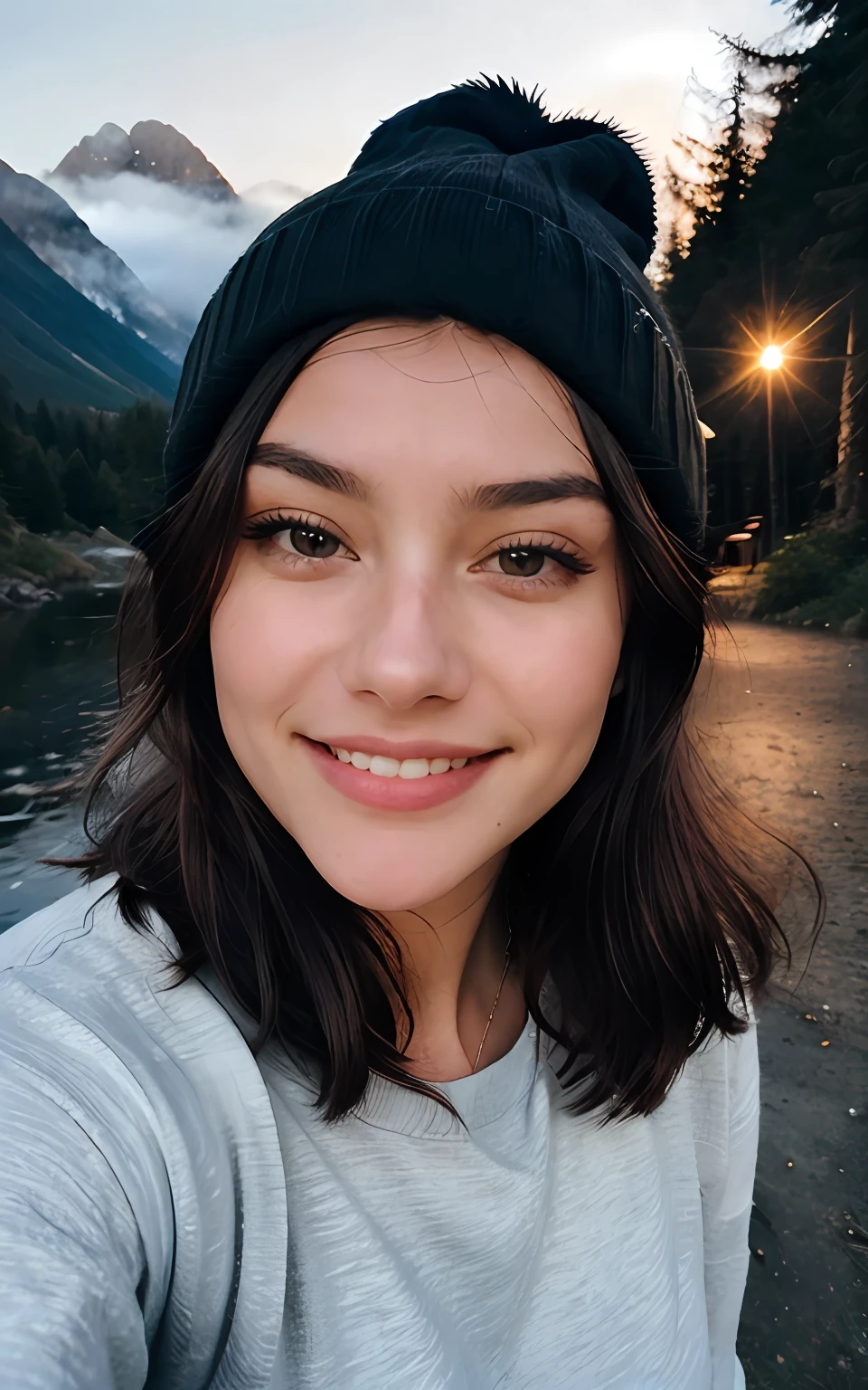 Photorealistic, Best Quality, Hyper Detailed, Beautiful woman, selfie photo, Upper body, Solo, wearing pullover, Outdoors, (Night), mountainscape, The nature of real life, Stars, Moon, (Outstanding smile、A dark-haired、sixteen years old、Cheerful, Happy), Beanie, flash lights, forest, boulders, River, Wood, Smoke, Fog, crystal clear skies, analog style, Looking at Viewer, Skin Texture, Film grain, close up, 超A high resolution, Best Shadow, raw, Instagram LUT
