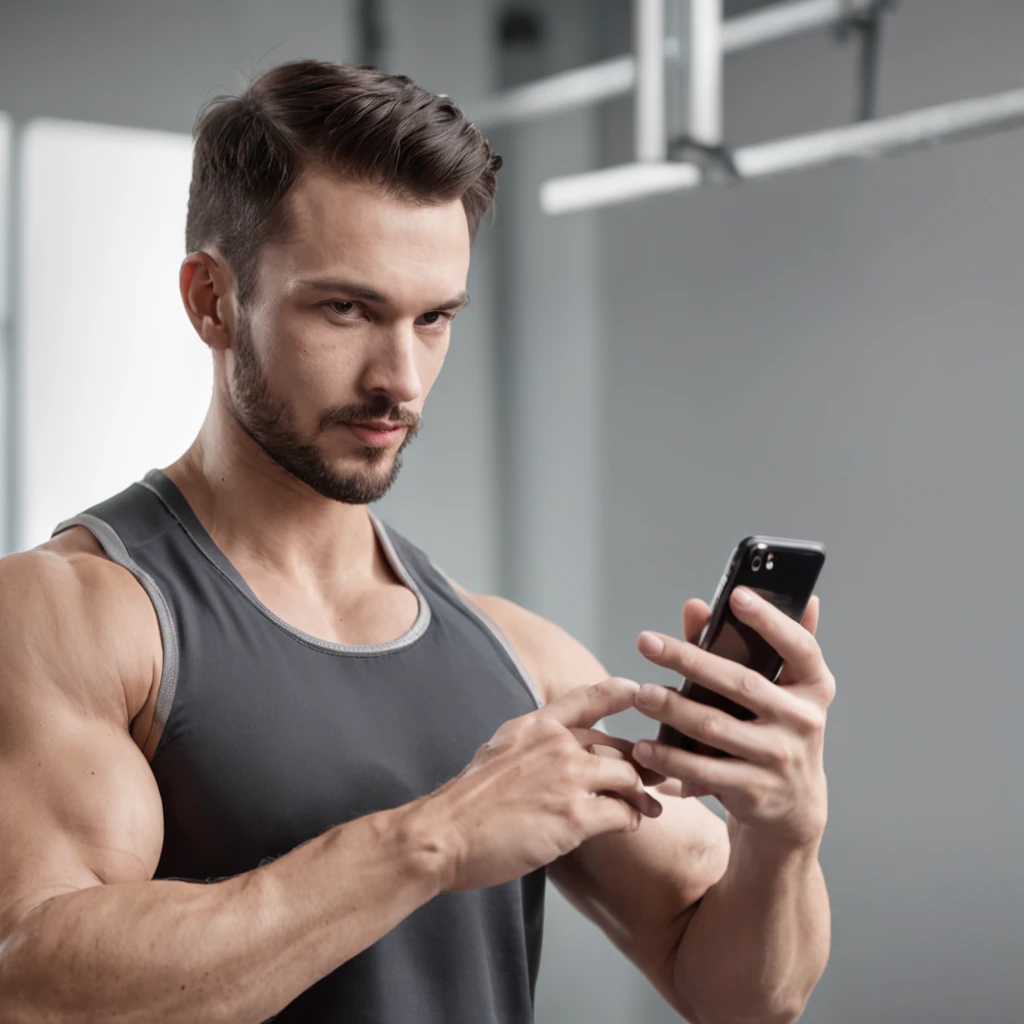 Create a realistic scene of a personal trainer in a gym, showcasing them holding a smartphone and displaying its screen. Capture the trainer's engagement as they share information with a client using the mobile device. Pay attention to lighting and composition to achieve authenticity, with natural light illuminating the scene. Showcase the trainer's interaction with the smartphone screen, portraying a moment of guidance or information exchange. Emphasize the trainer's professional demeanor and focus on their client's needs. This image should reflect the modern integration of technology in the fitness industry, while also highlighting the personalized attention that a personal trainer provides.