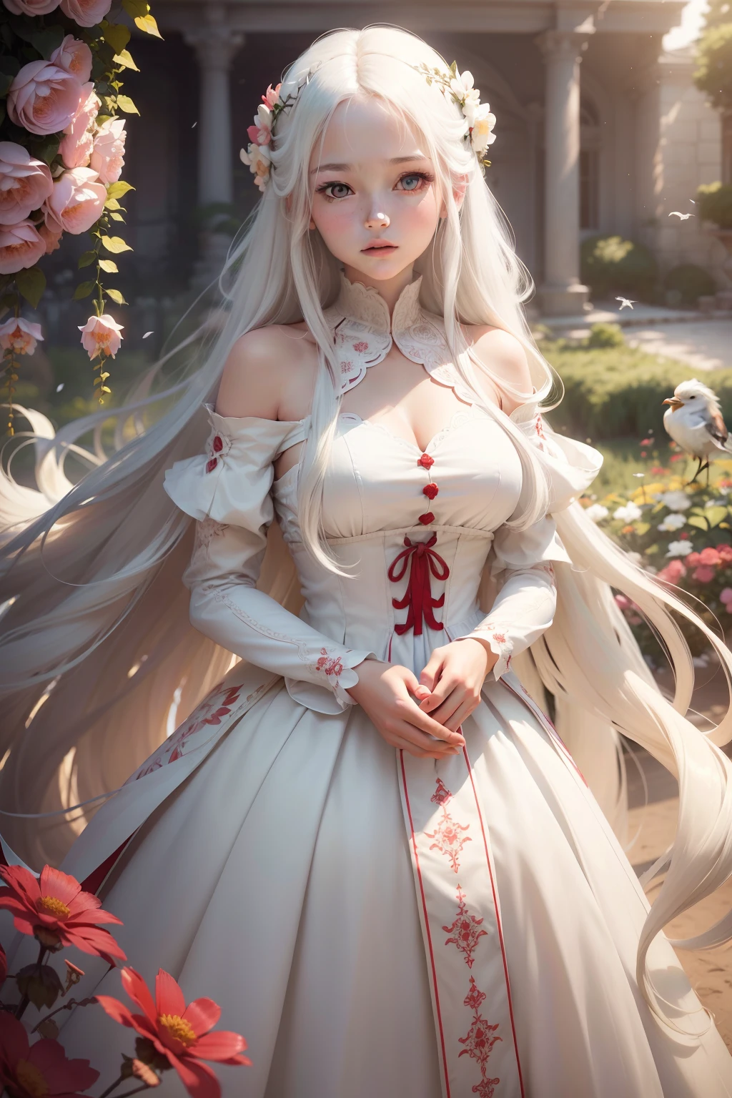 1girl, beautiful girl, White skin, half body, (very long hair, White color hair), (scarlet color eyes), realistic eyes, beautiful and big eyes), (Long and wide dress, crimson and white color, royal dress), 8k wallpaper,wide dress, (natural wallpaper, Beautiful garden of flowers, warm sun wallpaper), Birds holding tufts of girl's hair, 8k, high quilty, realistic, beautiful realistic, Cool details, raw photo, realistic dress, long hair, White color hair, realistic hair, Birds carry the ends of their hair, Light and cool lighting, photo realistic, Cel shaded, Gel lighting, ultra details, warm tones, warm picture