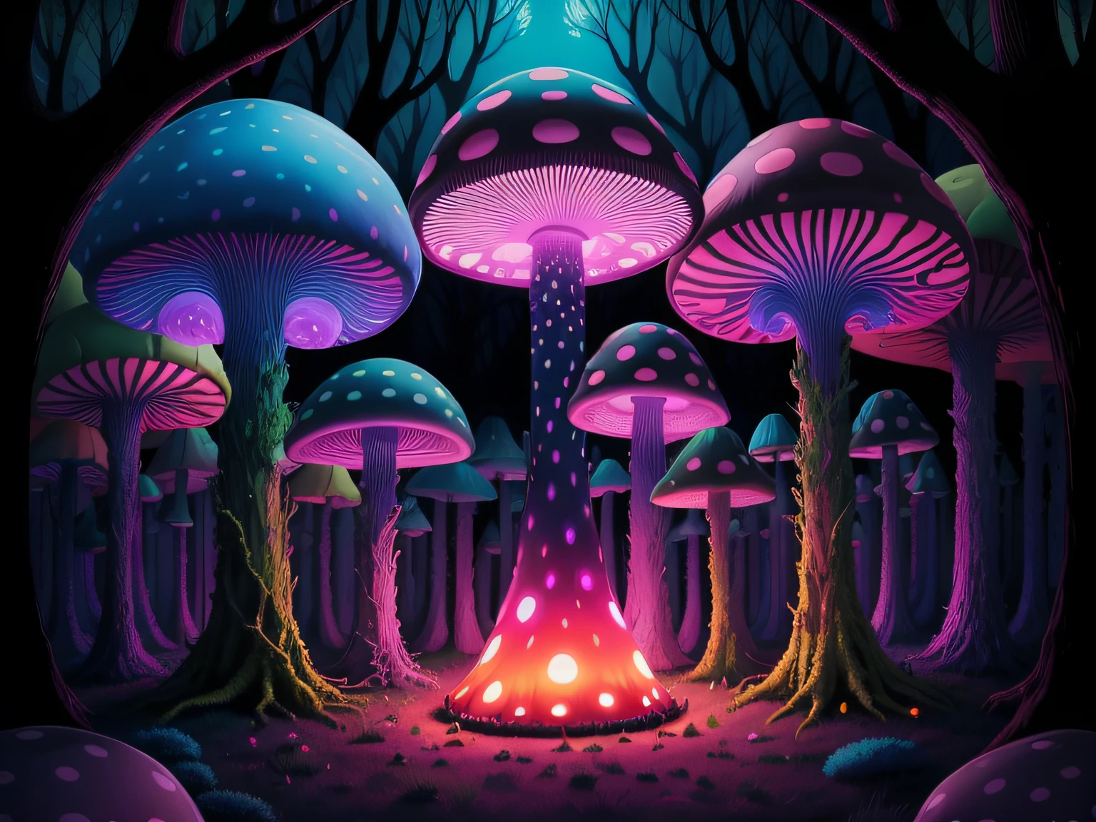 a brightly colored mushroom in a dark forest with trees, neon mushrooms, magic mushroom, trippy mushroom, psychedelic mushrooms dream, dark mushroom, nuclear mushroom, trippy art, mushroom forest, fluorescent mushrooms, jen bartel, giant mushroom, glowing mushrooms, giant fluorescent fungi, psychedelic forest, psychedelics, psychedelic illustration, an alien mushroom with tentacles, magic mushrooms