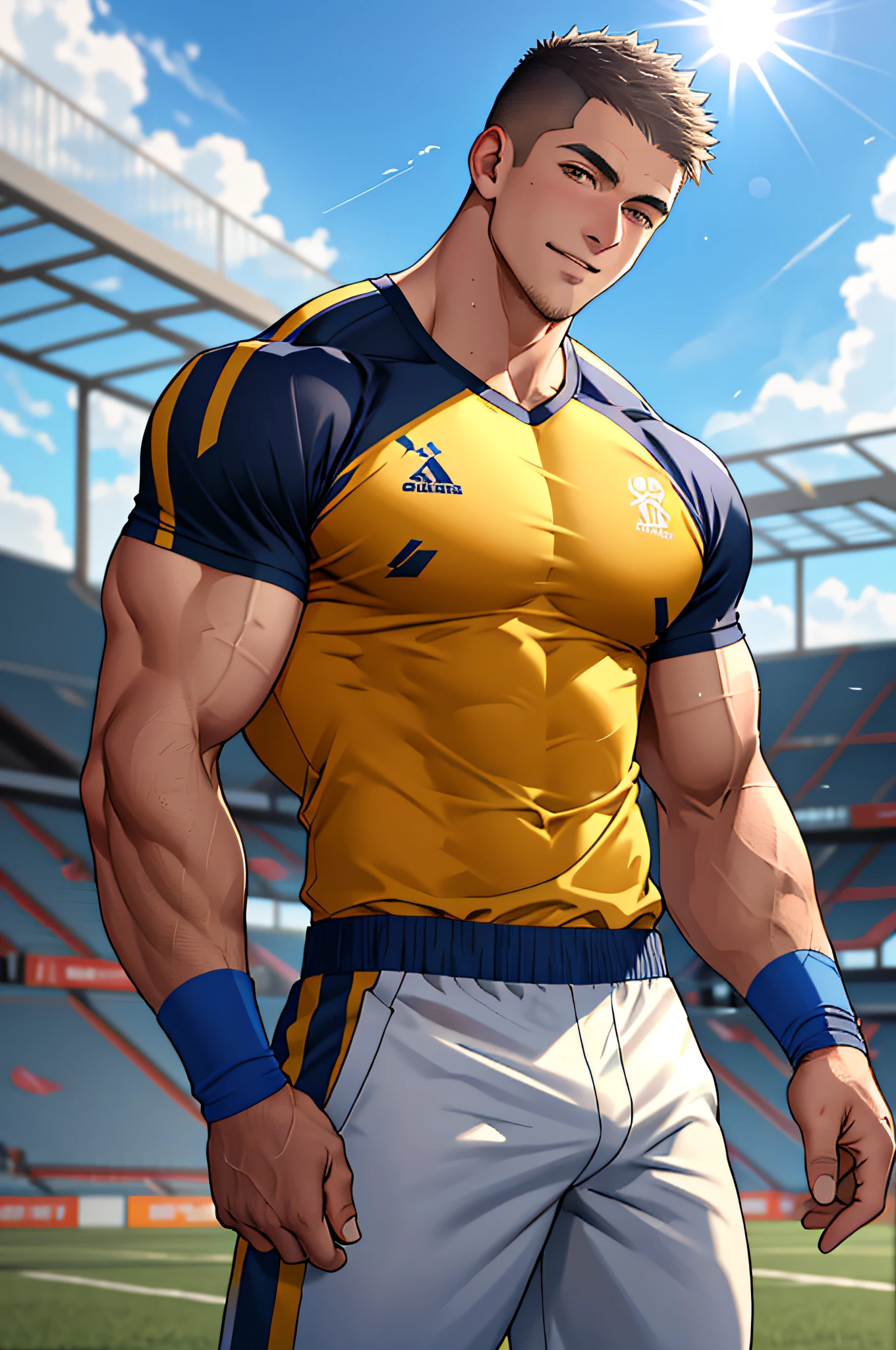 Draw a full-fledged athlete，Stand on the central field of the gym，He wears high-end sportswear，The man looks confident and determined，rays of sunshine，cheerful big breasts，Handsome，Crew cut，full bodyesbian，shooting from below，