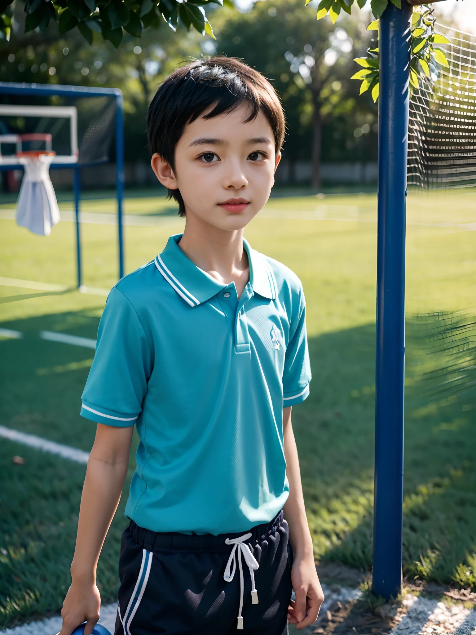 ((rogue,small heads)), (Well-defined abs: 1.1), (perfect bodies: 1.1), (short-length straighthair: 1.2), Black hair, fully body photo，White sneakers，（极其细致的CG 8k壁纸），（Extremely refined and beautiful），（tmasterpiece），（best qualtiy：1.0），（超A high resolution：1.0），beautiful light up，Perfect lightning，realistic shaded，[A high resolution]，Delicate skin，ultra - detailed ，Crowded，dense with greenery，In a school playground，Green football field，Red plastic runway，Afternoon sun，are standing，Wears a light blue short-sleeved polo shirt，Dark blue loose sweatpants，Hold the basketball in both hands，A handsome  boy，Single photo，Ten yentary student，iated，Immature face，ssmile，cheerfulness，inch hair style
