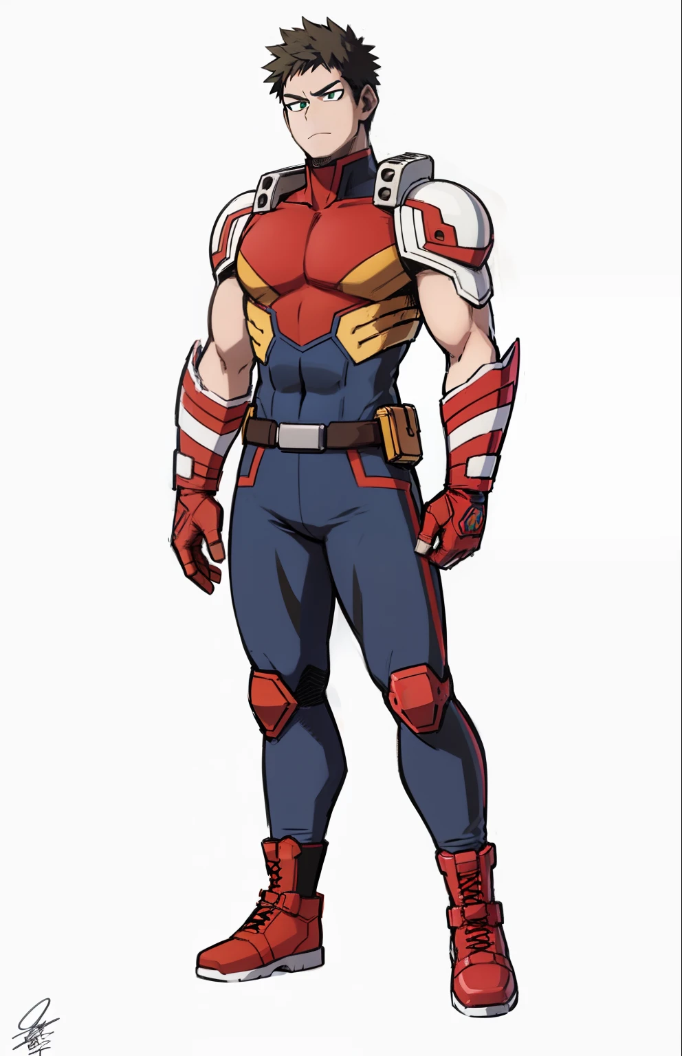 My Hero Academia style, anime boy, male, young male, trending on artstation pixiv, (full body shot:0.5), short hair, light brown hair, green eyes, hero suit, full body suit, blue suit with red and white details, Perfect Anatomy, Super Detailed,