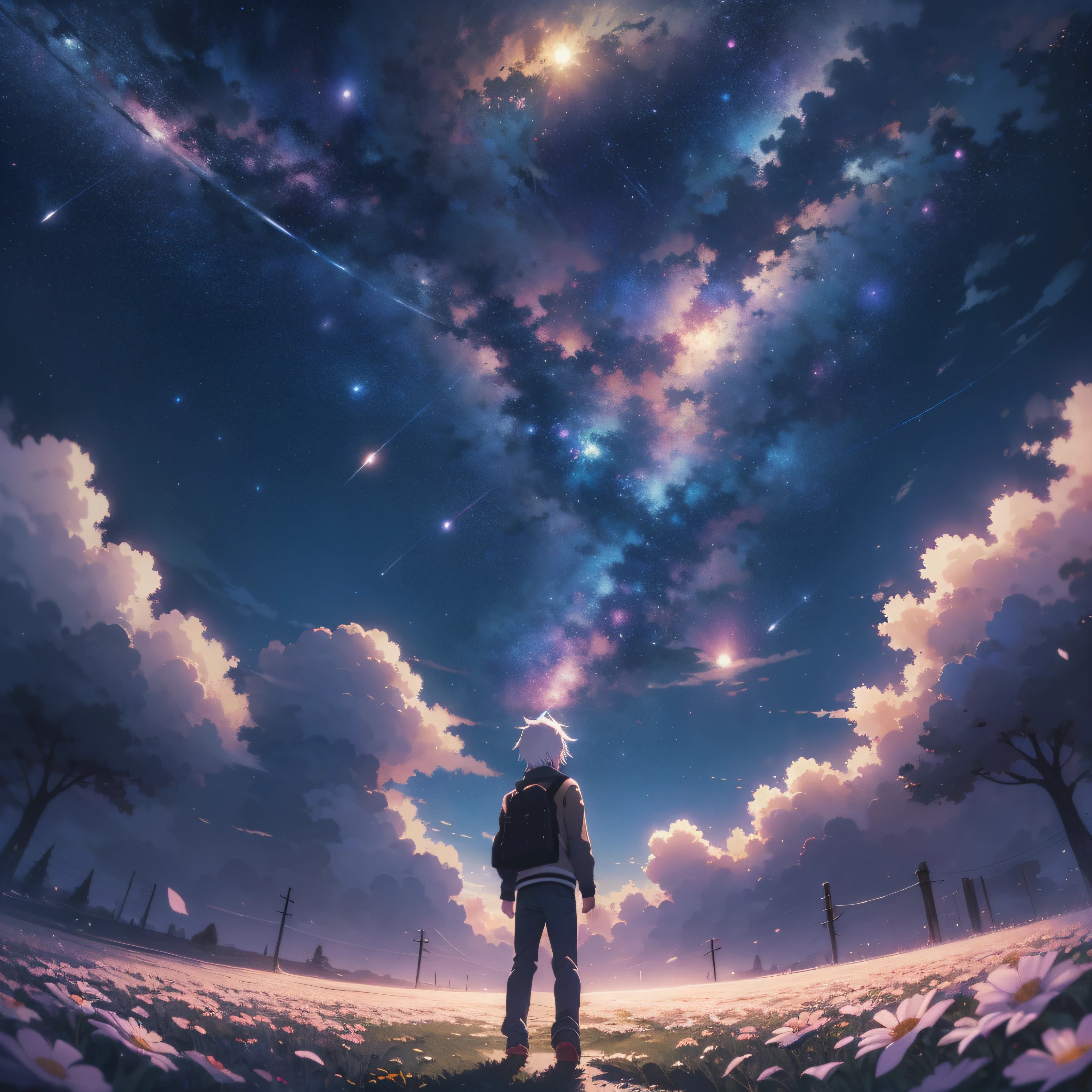 Anime boy standing in a field of flowers under a full moon,ssmile,Starry Sky 8K,night sky;8K,space sky,Cosmos Sky。Written by Makoto Shinkai, starrysky, stele(Skysky)starry_sky, Cosmos Sky, anime backgrounds, Anime art wallpaper 4 K, anime art wallpaper 4k, Anime Sky, 4k anime wallpaper, star comets.