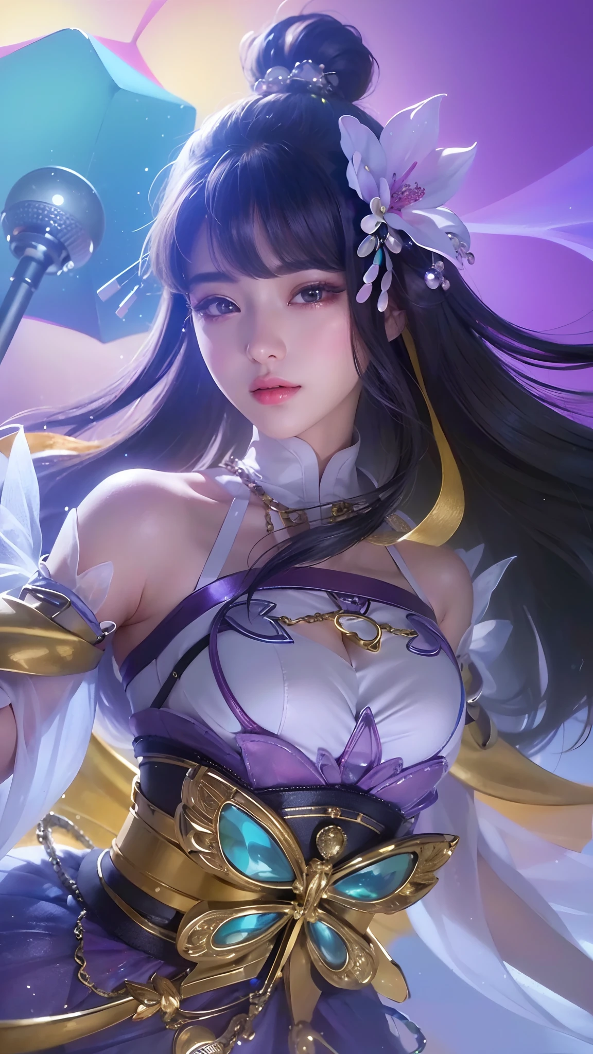 (8k, RAW photo, photorealistic:1.25) ,( lipgloss, eyelashes, gloss-face, glossy skin, best quality, ultra highres, depth of field, chromatic aberration, caustics, Broad lighting, natural shading,Kpop idol) looking at viewer with a serene and goddess-like happiness, medium breasts,cleavage