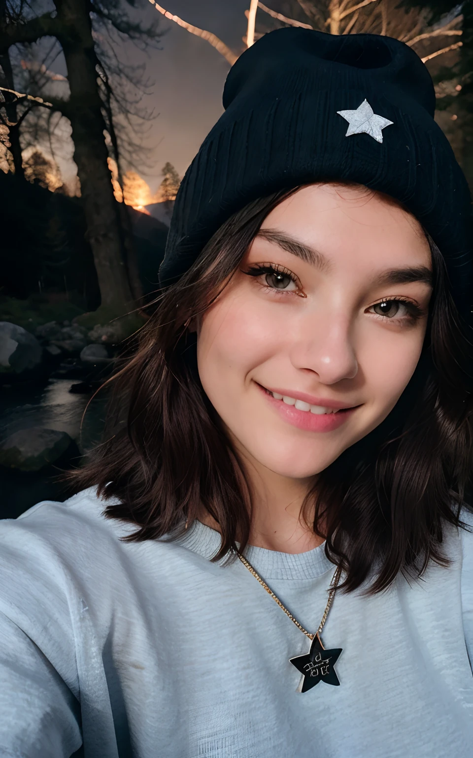 Photorealistic, Best Quality, Hyper Detailed, Beautiful woman, selfie photo, Upper body, Solo, wearing pullover, Outdoors, (Night), mountainscape, The nature of real life, Stars, Moon, (Outstanding smile、A dark-haired、、Cheerful, Happy), Beanie, flash lights, forest, boulders, River, Wood, Smoke, Fog, crystal clear skies, analog style, Looking at Viewer, Skin Texture, Film grain, close up, 超A high resolution, Best Shadow, raw, Instagram LUT