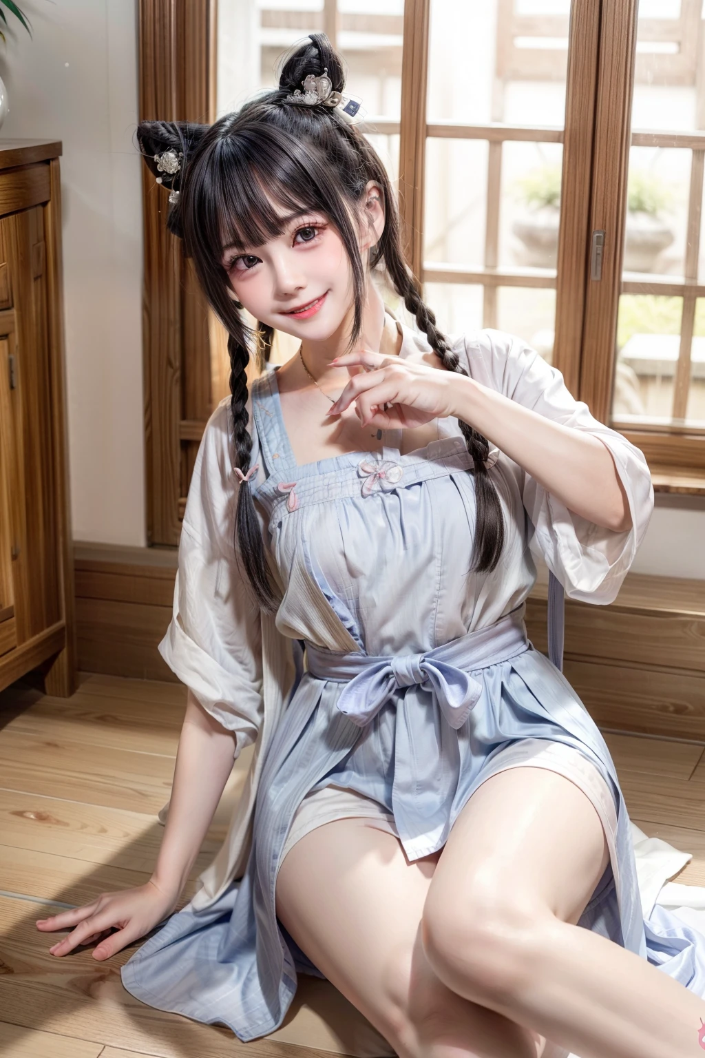 Photo Real、photoRealstic　shorth hair、hime-cut、Himecut、Blunt bangs、Two-sided lock、Side lock across the bangs　drooing eyes、big eye、Shining eyes、The contours of the face are round、Young Face、a baby face　25-years old、young body、Soft thighs、Infirmary Teacher　Rough dress、Loose dress、shortpants、耳Nipple Ring　Adult Pose、gently smiling、Laughing expression、Smiling　Background with、Infirmary、Large room