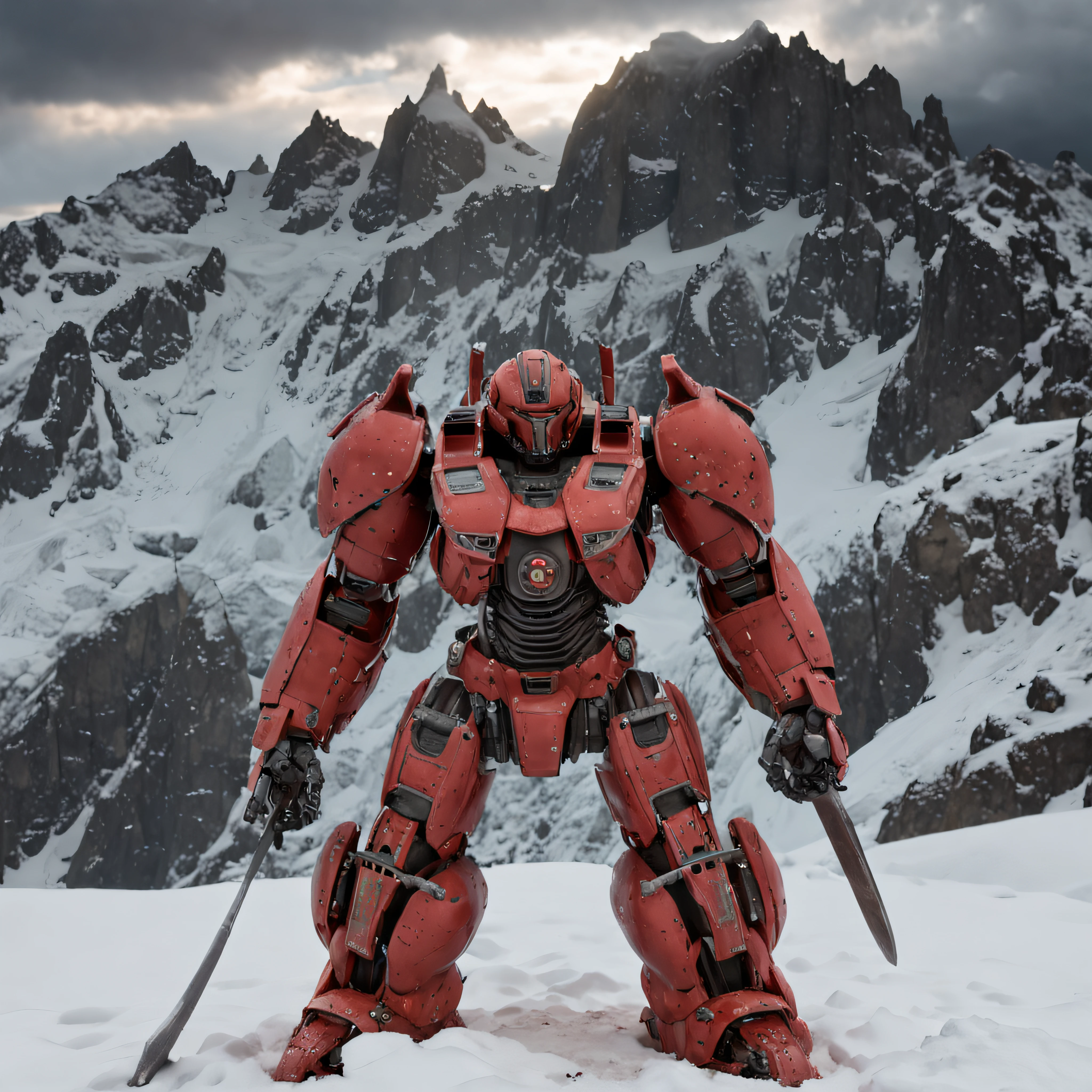 Photorealistic Red Epic Full Mecha robot on top of a snow-covered mountain with a sword and a black background looking forward wherever it is complete(Renderizado 3D profesional:1.3) de (realista:1.3) The most beautiful art photo in the world,Features soft and bright male heroes, ((Epic hero fantasy muscular rough man wet hero angry look long hair short beard and fierce expression in dynamic pose, Fantastic location, majestuoso entorno desordenado)), Renderizado 8k Unity de cuerpo completo, action shot, poro de la piel, very dark lighting, Sombreado pesado, Detallado, Cara detallada, (Vibrante, Realistic photography, realista, dramatic, oscuro, foco nítido, 8k), (Old leather garments damaged by weathering:1.4), ((((Use pieles)))), (intrincado:1.4), decadente, (Altamente detallado:1.4), Pintura digital, Renderizado por Octane, Estaciones de arte, Concepto-Arte, Suave, foco nítido, illustration, Arte Germen, (loish:0.23), WLOP Ilya Kuvshinov, y Greg Rutkowski y Alphonse Mucha gracias, (global ilumination, Luz de estudio, Light Volumetric), fuertes lluvias, particles floating, LotR, fantasy, Once, cuerpo completosbian, ((Fondo oscuro y antiguo de la ciudad:1.3)),CGSesociety,Estaciones de arte