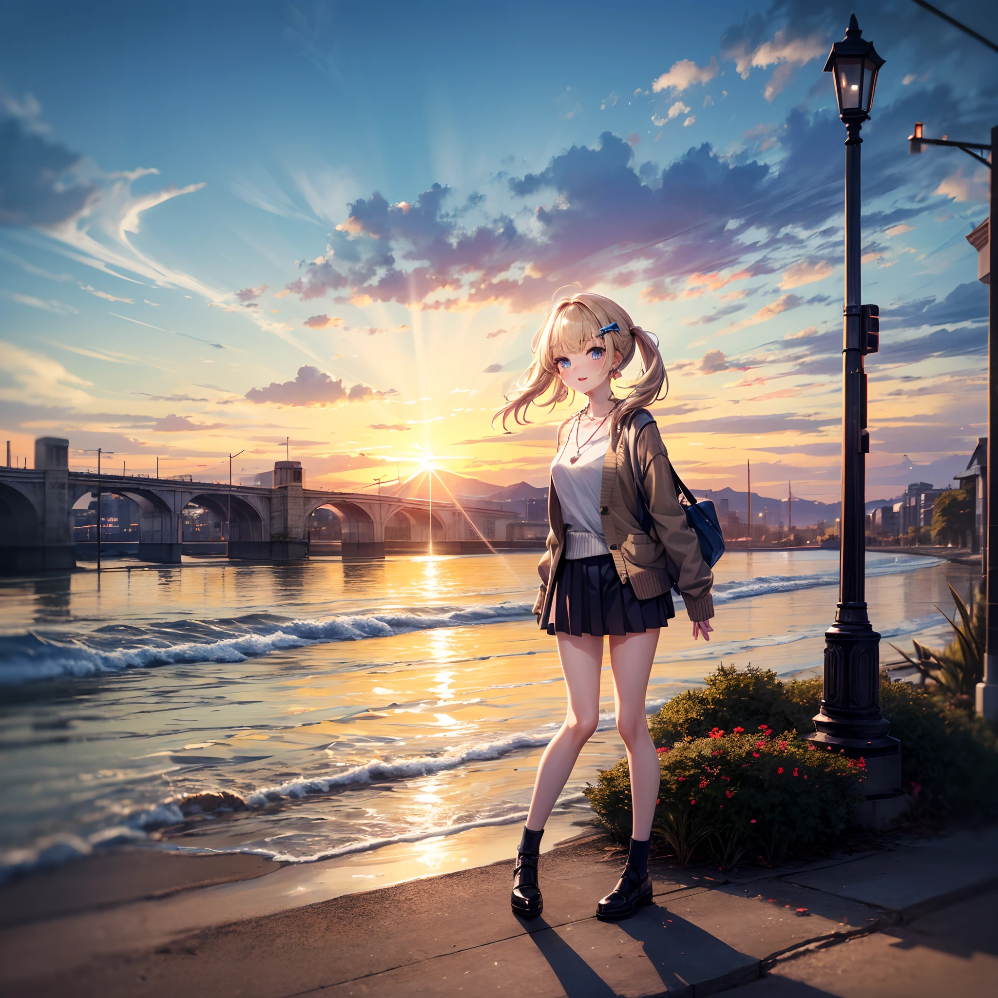absurderes, (独奏:1.5,)ultra-detailliert,bright colour, extremely beautiful detailed anime face and eyes, view straight on, ;D, shiny_skin,25 years old, Short hair, , asymmetrical bangs, Blonde hair with short twin tails, Shiny hair, Delicate beautiful face, red blush、(Blue eyes), White skin, hair clips, earrings, a necklace, Cardigan, Clothes, Brown clothes,skirt by the、