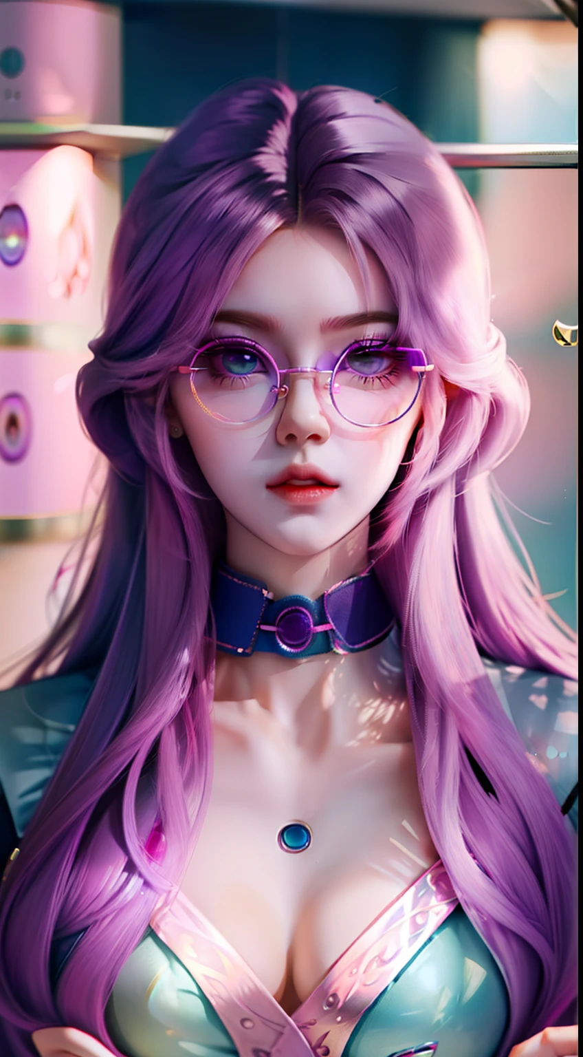 "a close-up of a 2D Anime woman in a glass display case as if she were a doll, with mesmerizing purple hair and captivating round glasses, standing at attention as her eyes are spiraling into a hypnotic trance."