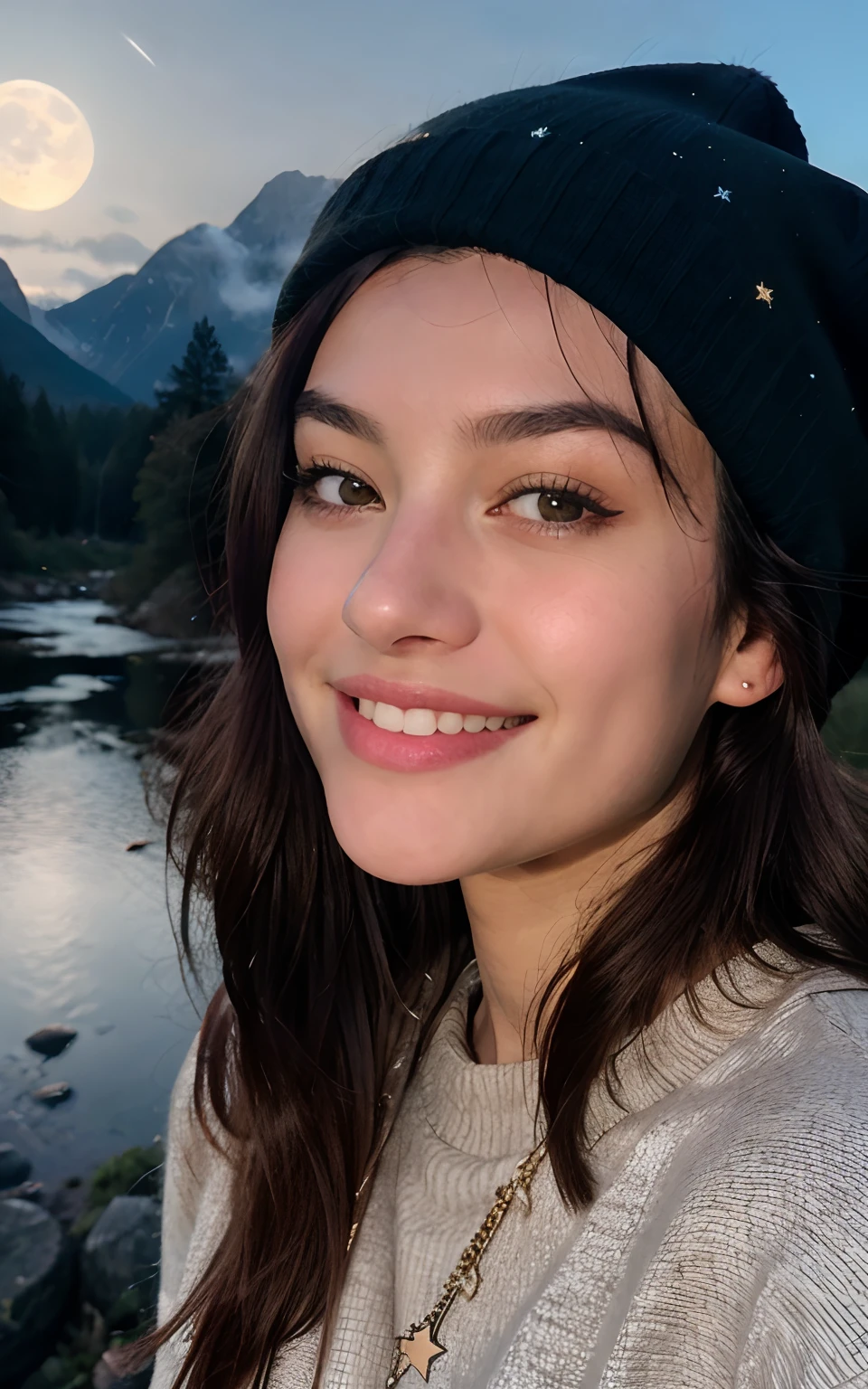 Photorealistic, Best Quality, Hyper Detailed, Beautiful woman, selfie photo, Upper body, Solo, wearing pullover, Outdoors, (Night), mountainscape, The nature of real life, Stars, Moon, (Outstanding smile、A dark-haired、、Cheerful, Happy), Beanie, flash lights, forest, boulders, River, Wood, Smoke, Fog, crystal clear skies, analog style, Looking at Viewer, Skin Texture, Film grain, close up, 超A high resolution, Best Shadow, raw, Instagram LUT