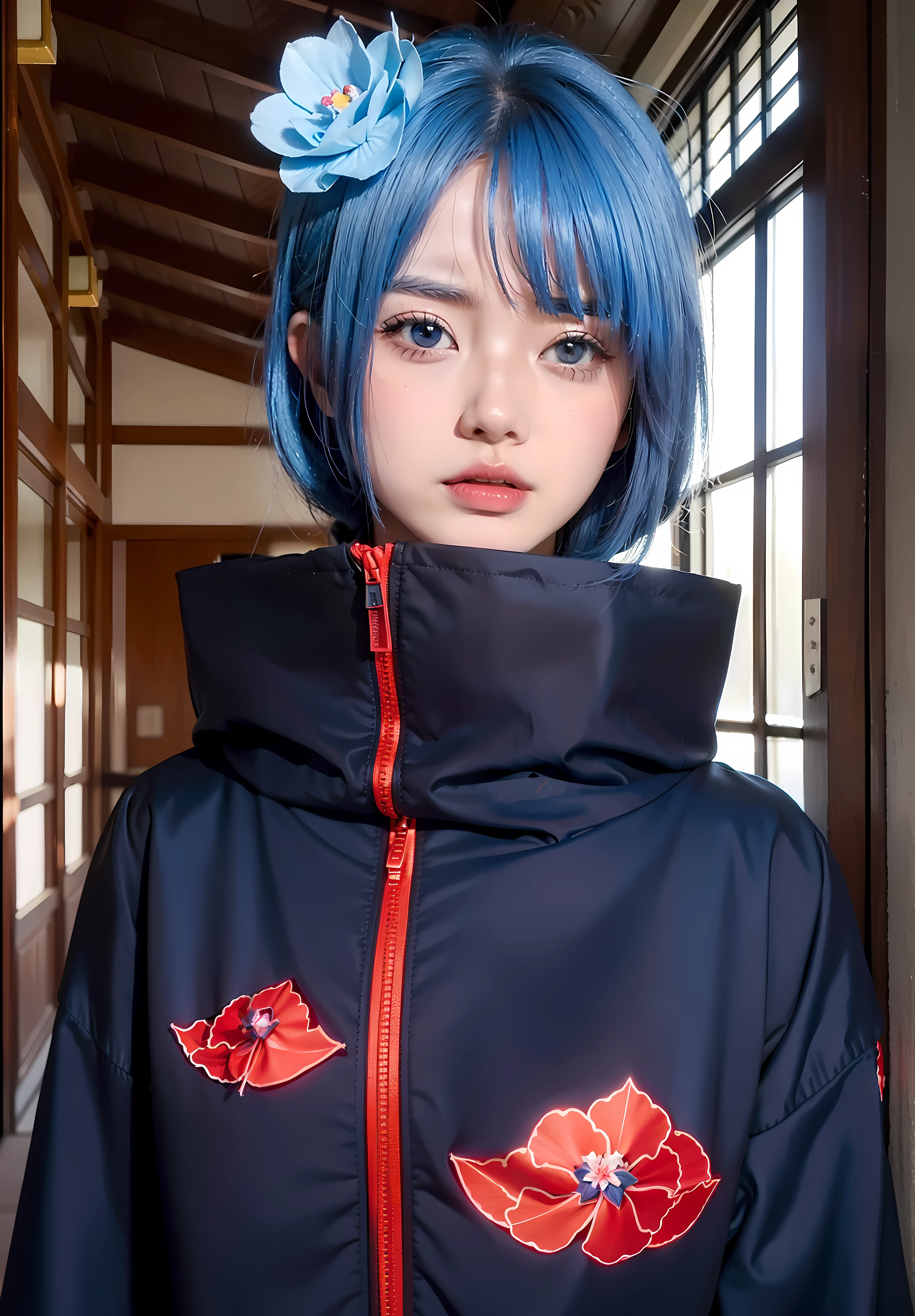 real Life adaption of this character,her name is konan from anime boruto ,hyper realistic ,detailed short blue hair with origami flower , high resolution, photorealistic,very detailed,realistic outfit Black robe with red zipper and has a red cloud with white outline design printed on it ,Japanese beautiful ,detailed shining orange eyes,