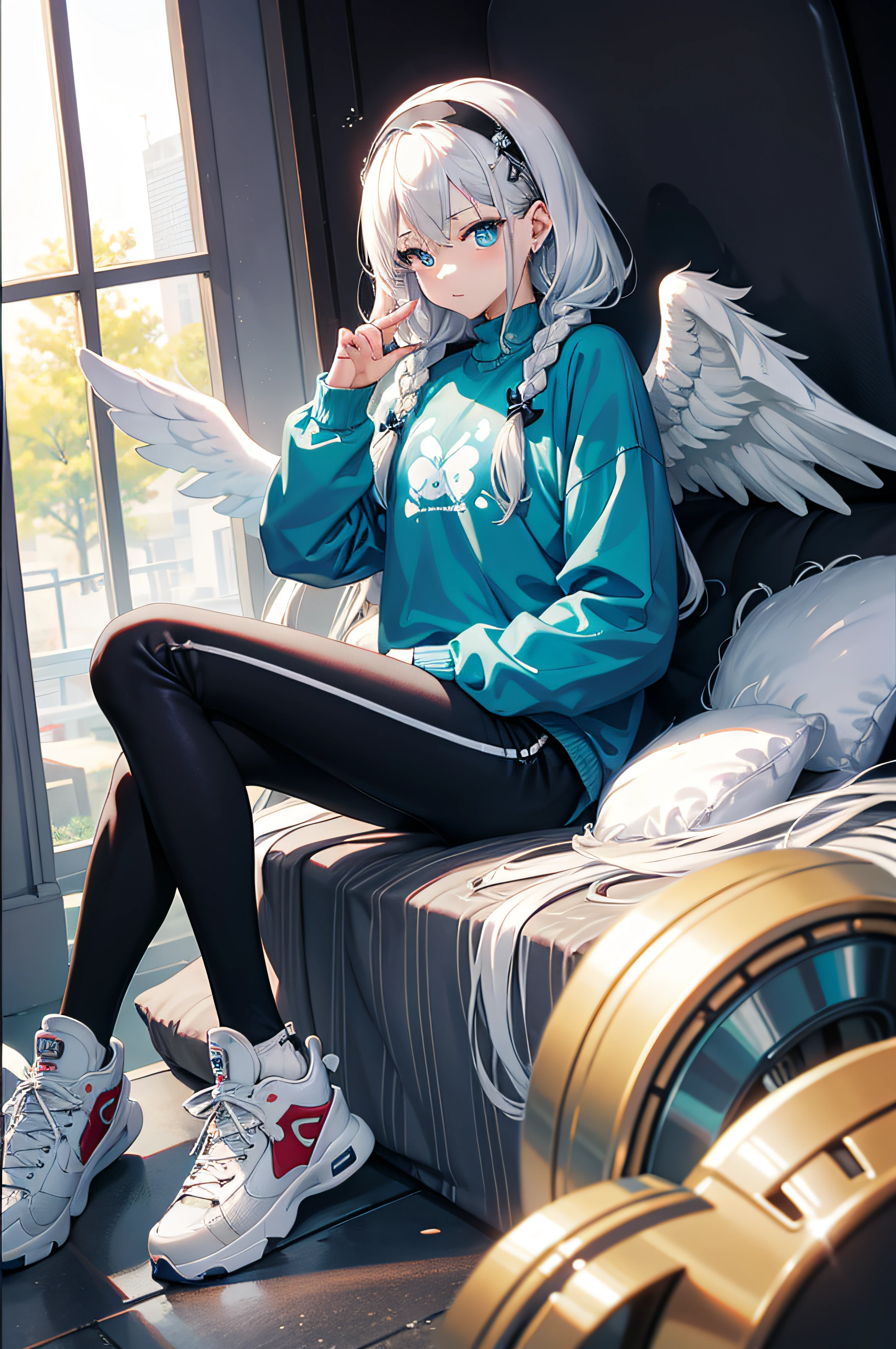 masterpiece, best quality, in an internet cafe, comic, Japanese, bust, girl, shojo, medium hair, white hair, twin braids, angel ring, angel wings, blue hairband, aqua eyes, blue eyes, gray sweater, black sports pants, kneehighs, sneakers,