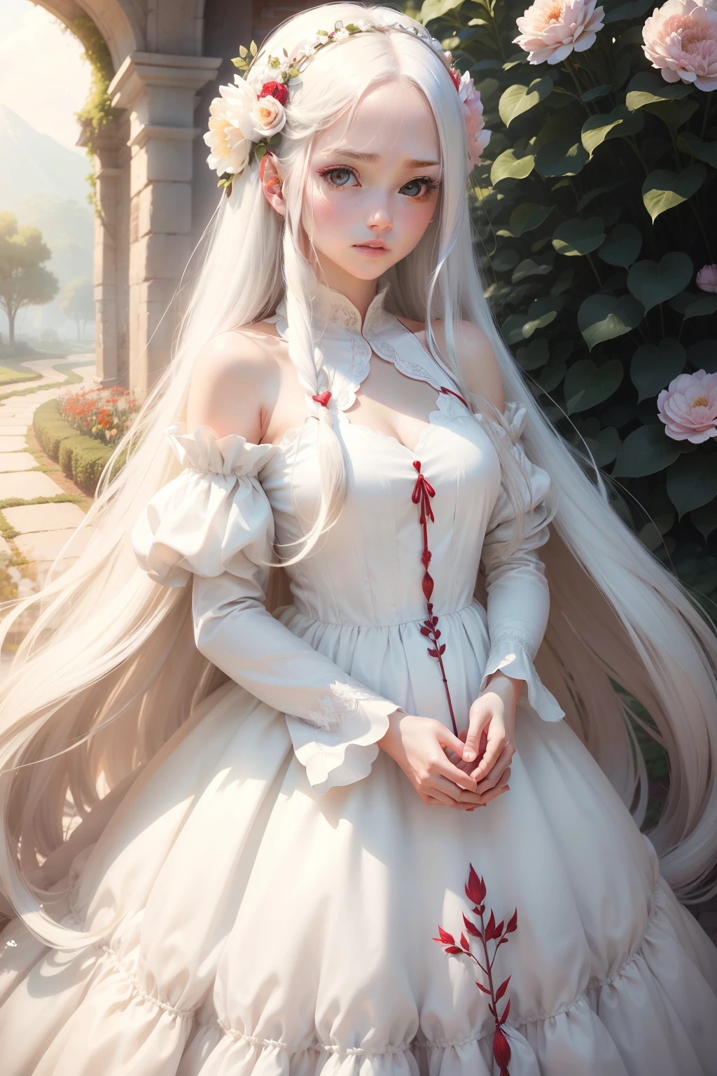 1girl, beautiful girl, White skin, half body, (very long hair, White color hair), (scarlet color eyes), realistic eyes, beautiful and big eyes), (Long and wide dress, crimson and white color, royal dress), 8k wallpaper,wide dress, (natural wallpaper, Beautiful garden of flowers, warm sun wallpaper), Birds holding tufts of girl's hair, 8k, high quilty, realistic, beautiful realistic, Cool details, raw photo, realistic dress, long hair, White color hair, realistic hair, Birds carry the ends of their hair, Light and cool lighting, photo realistic, Cel shaded, Gel lighting, ultra details, warm tones, warm picture
