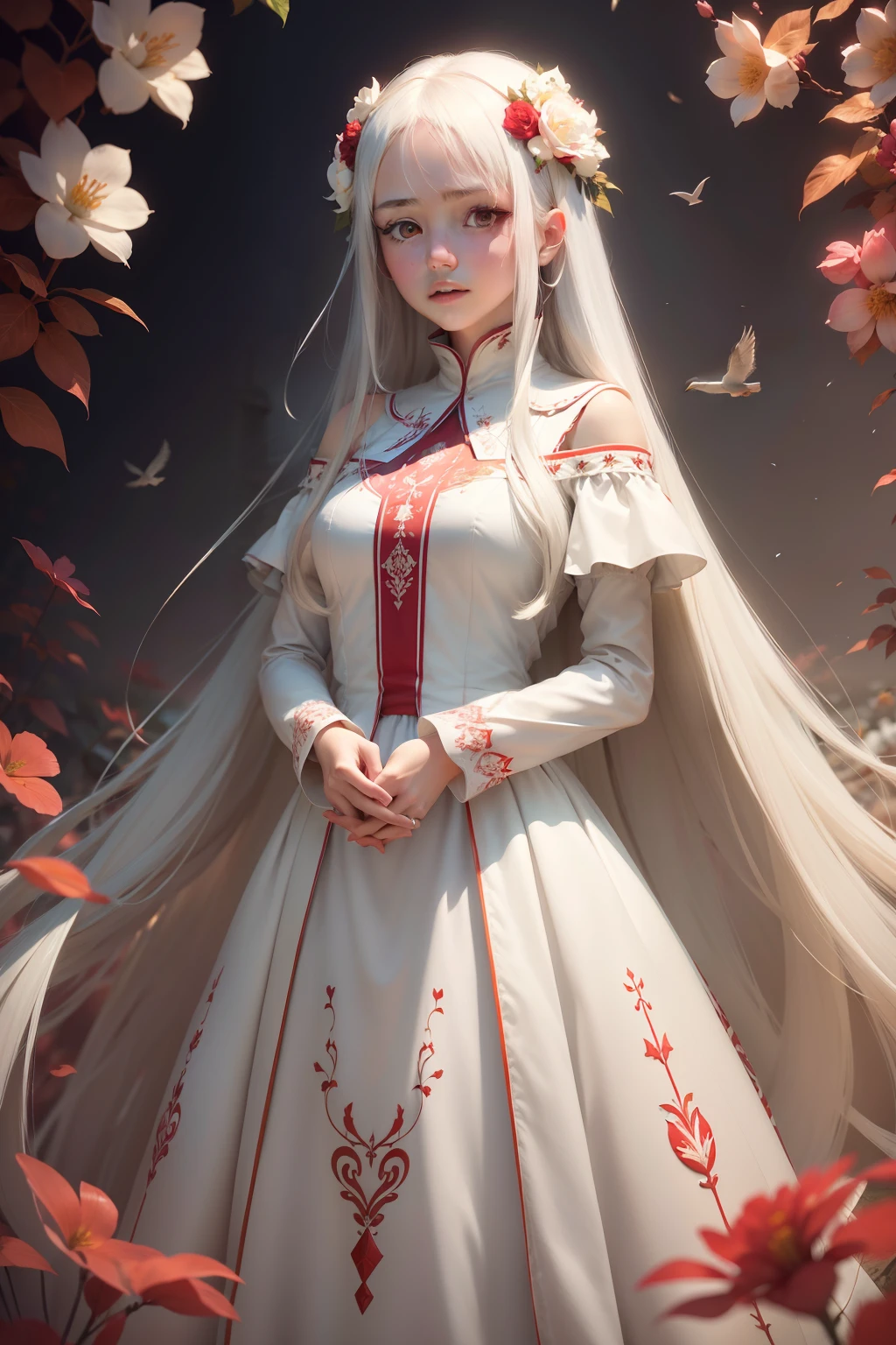 1girl, beautiful girl, White skin, half body, (very long hair, White color hair), (scarlet color eyes), realistic eyes, beautiful and big eyes), (Long and wide dress, crimson and white color, royal dress), 8k wallpaper,wide dress, (natural wallpaper, Beautiful garden of flowers, warm sun wallpaper), Birds holding tufts of girl's hair, 8k, high quilty, realistic, beautiful realistic, Cool details, raw photo, realistic dress, long hair, White color hair, realistic hair, Birds carry the ends of their hair, Light and cool lighting, photo realistic, Cel shaded, Gel lighting, ultra details, warm tones, warm picture