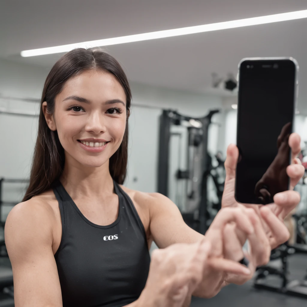 Capture the infectious positivity of a personal trainer in a gym, smiling as they show the smartphone screen towards the camera. Depict the trainer's friendly demeanor and confident posture, engaging with both the viewer and an unseen client. Employ soft, flattering lighting to accentuate the trainer's smile and convey an inviting atmosphere. Ensure the smartphone's screen is visible and its content is relatable, perhaps displaying workout tips or progress tracking. This image should convey the trainer's approachability and expertise, making viewers feel motivated and intrigued to learn more about their training methods and guidance.