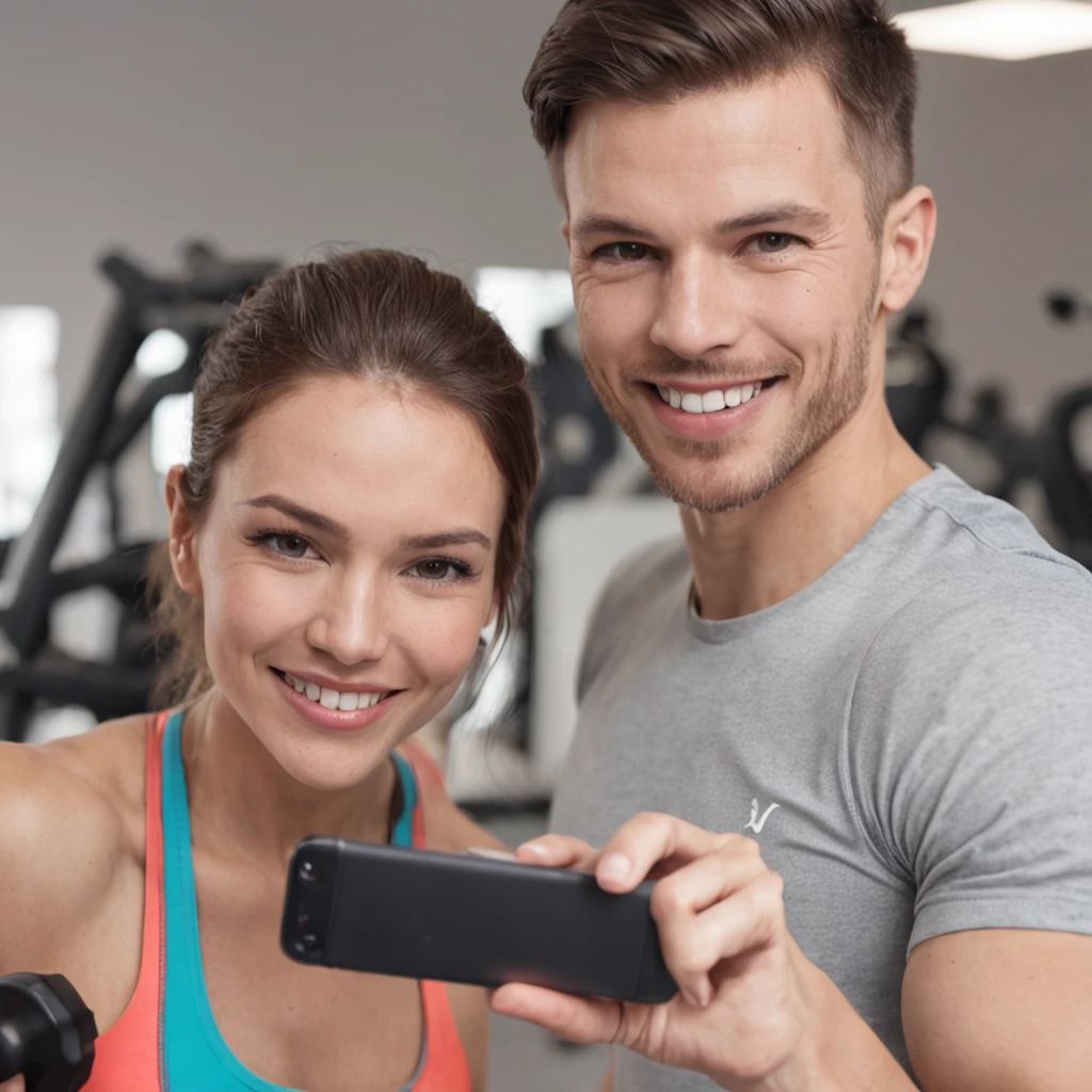 (Photorealism) a beautiful chubby woman wearing a topper and a small shot leggings, wearing round glasses, taking a selfie in front of the gym mirror with her handsome and fit boyfriend who is only wearing shorts.