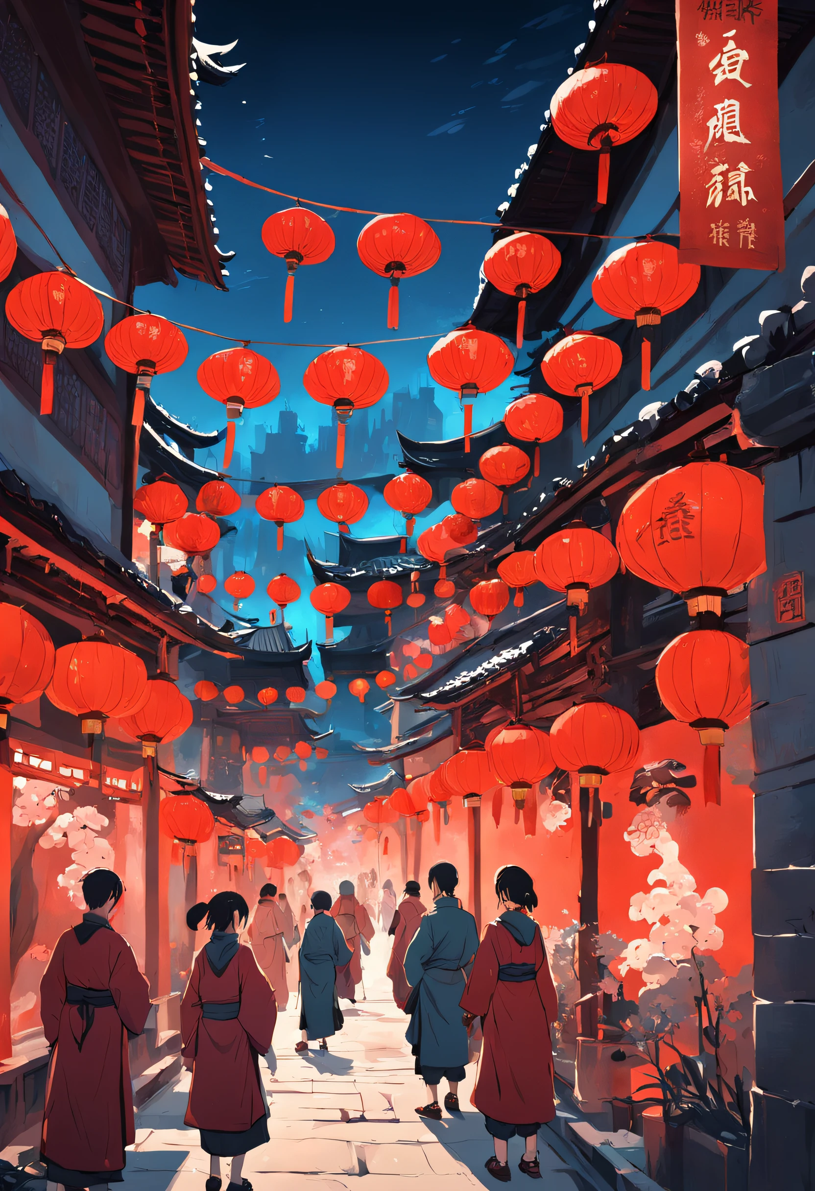 Street picture in CG game,Full of Chinese elements,The Lunar New Year is just around the corner,The festive atmosphere is strong,The streets are crowded,The style of medieval illustrations, Symbolic figurative landscapes, Light red and silver, Vintage poster design, Organic Art Nouveau, Saturated pigment pool, woodcut print