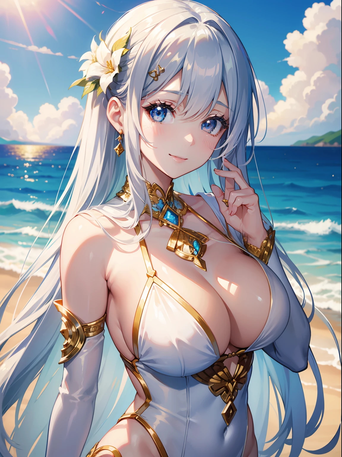 masutepiece, High resolution, 8K, anime woman, Delicate and detailed writing 、Detailed digital illustration、Very long hair and shiny、a very beautiful woman、Eyes are double, Big and cute,、Bust is D cup、High image quality, High quality、Detailed background、I'm wearing a hair ornament.、Glittering background、The inside of the eye shines like a diamond、4 fingers, 1 thumb、Detailed female face、Very beautiful and cute woman、Silver hair、Very luxurious hair jewelry、Dynamic Poses、Smile a lot、Very sunny sky background、Beautiful clouds and sun、Being near the ocean in Hawaii、White and gold swimsuit